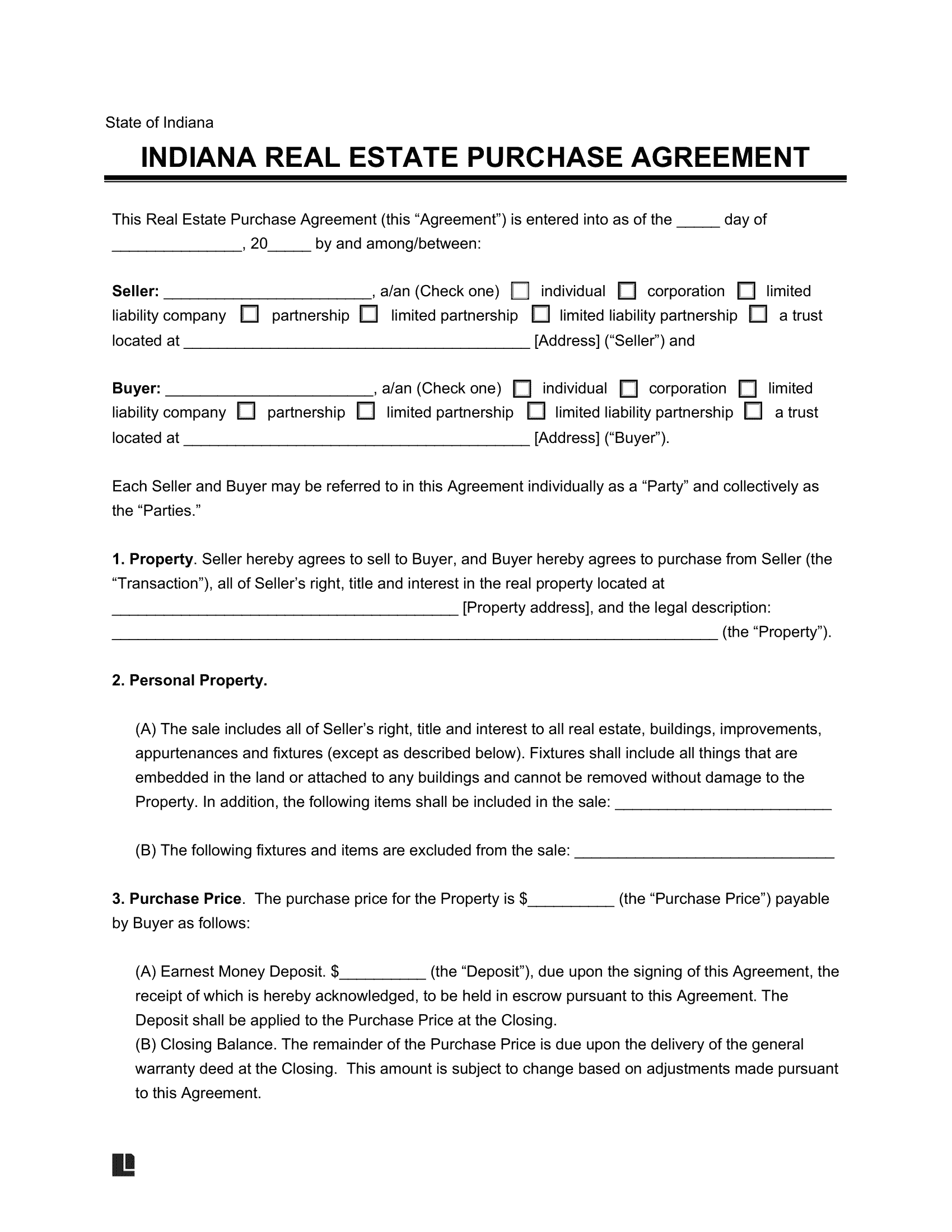 Free Indiana Residential Purchase Agreement PDF U0026 Word