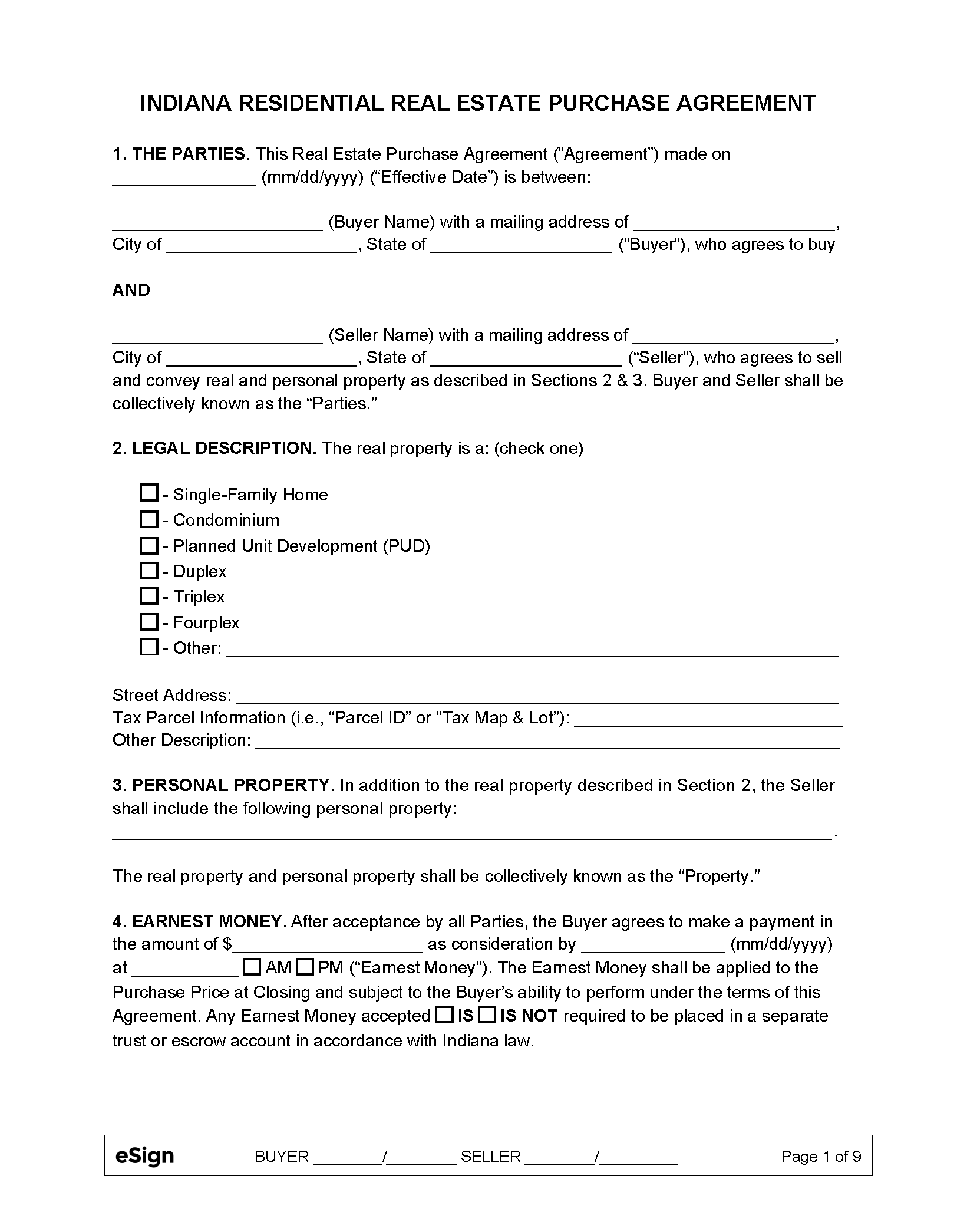 Free Indiana Residential Purchase And Sale Agreement PDF Word
