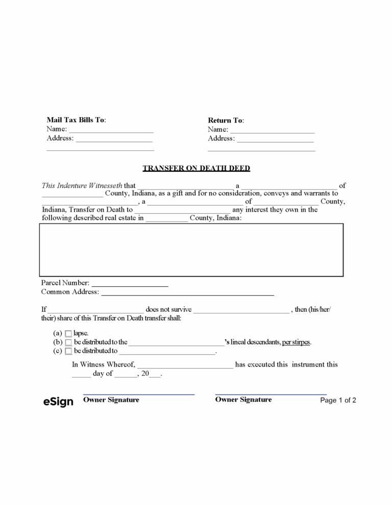 Free Indiana Transfer On Death Deed Form PDF