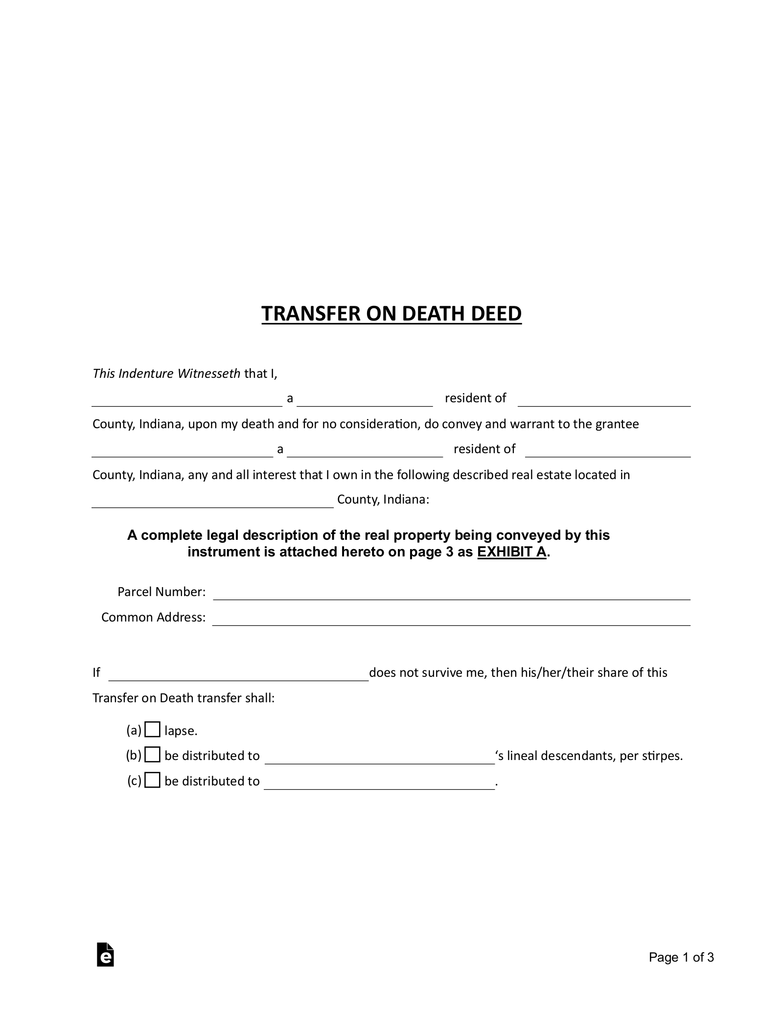 Free Indiana Transfer On Death Deed PDF Word EForms