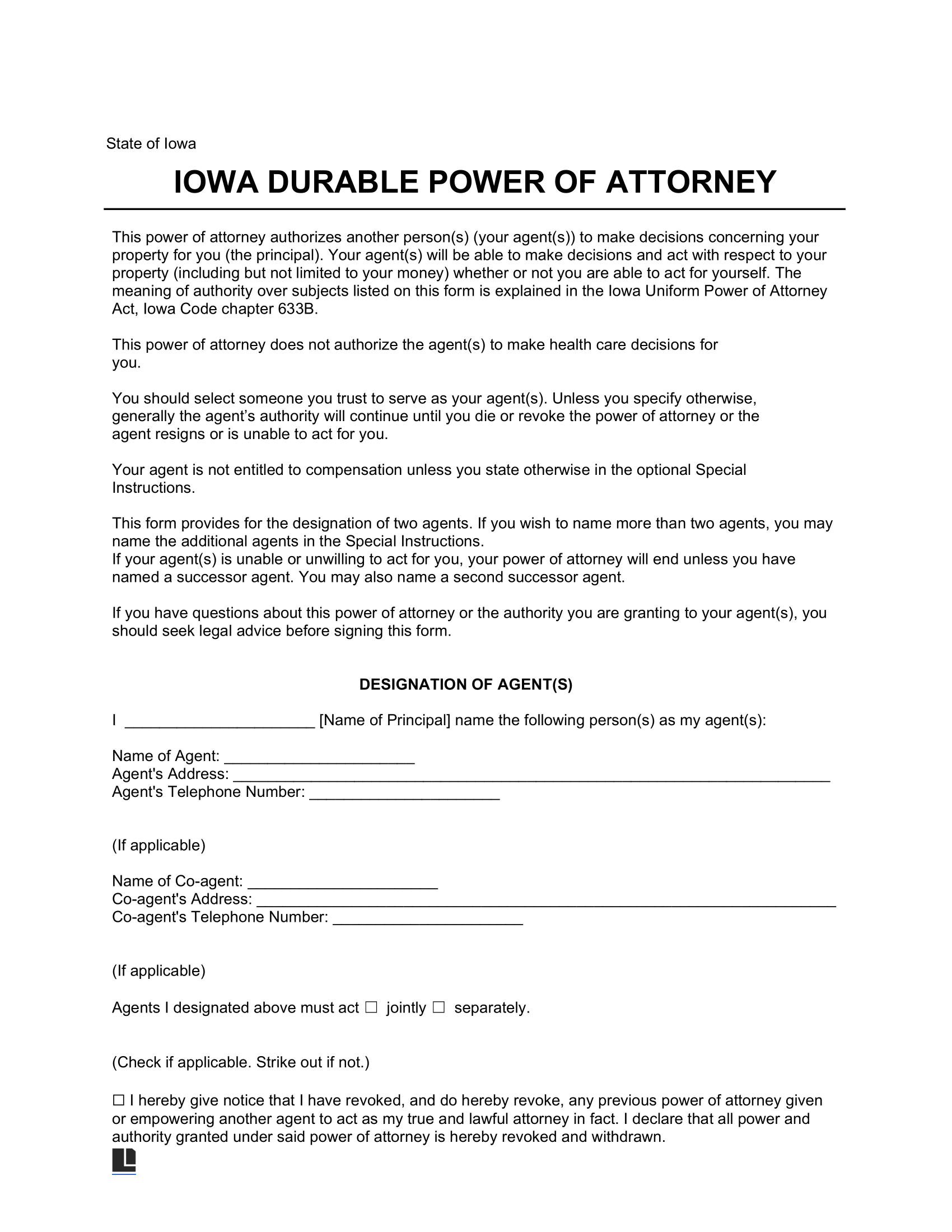 Free Iowa Durable Statutory Power Of Attorney Form PDF U0026 Word