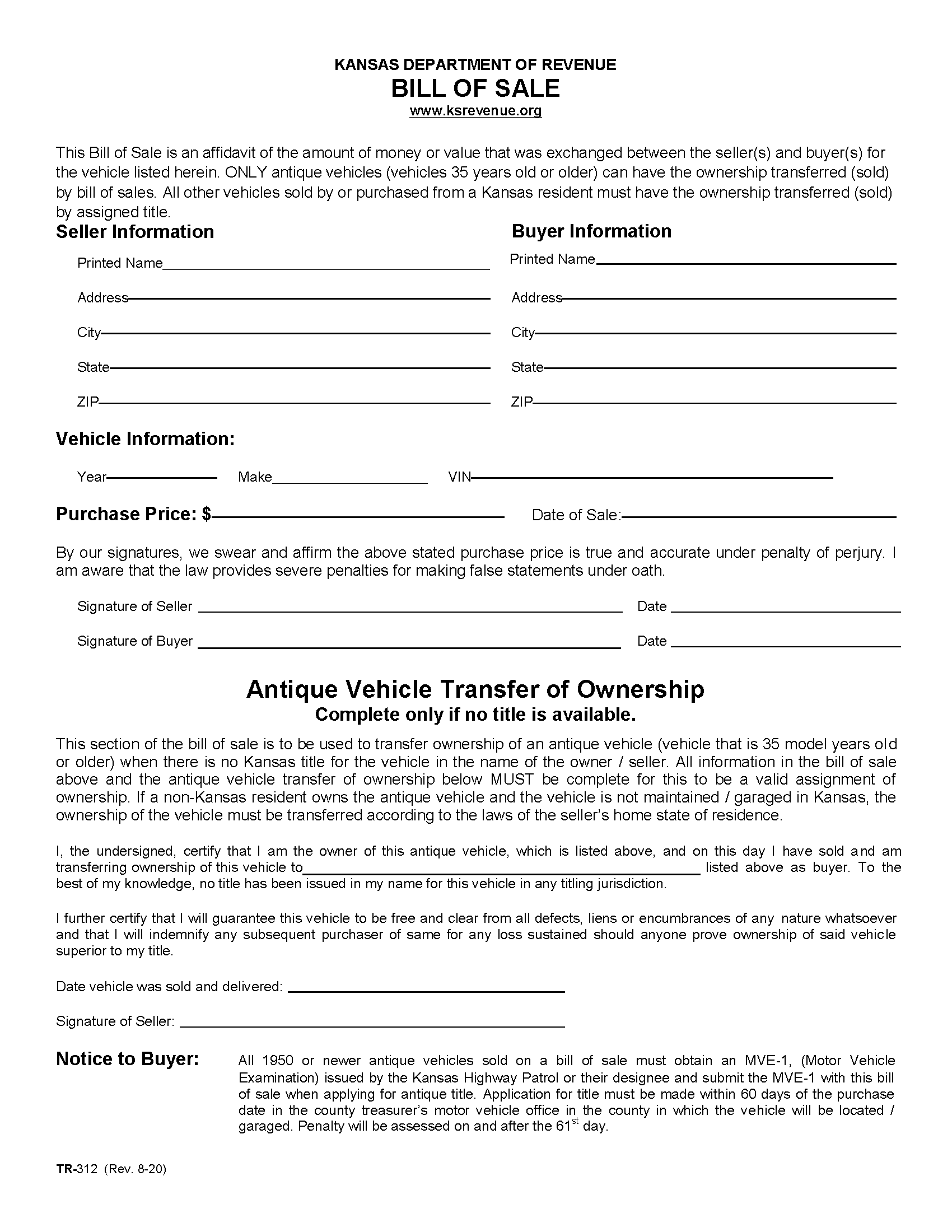 Free Kansas Bill Of Sale Forms PDF