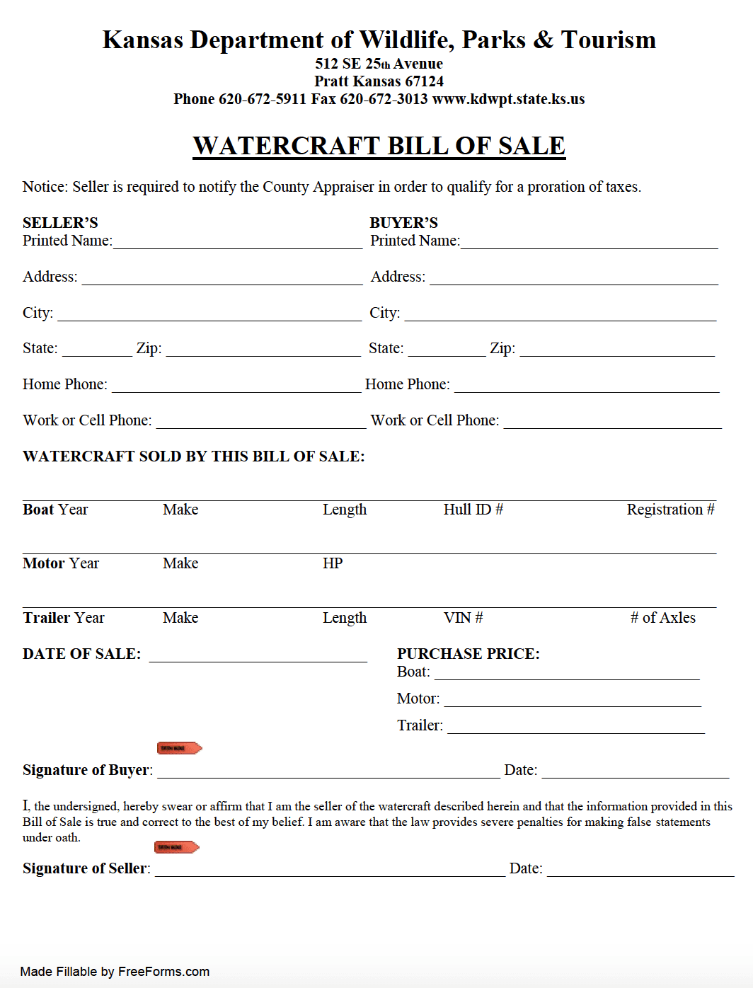 Free Kansas Boat Vessel Bill Of Sale Form PDF
