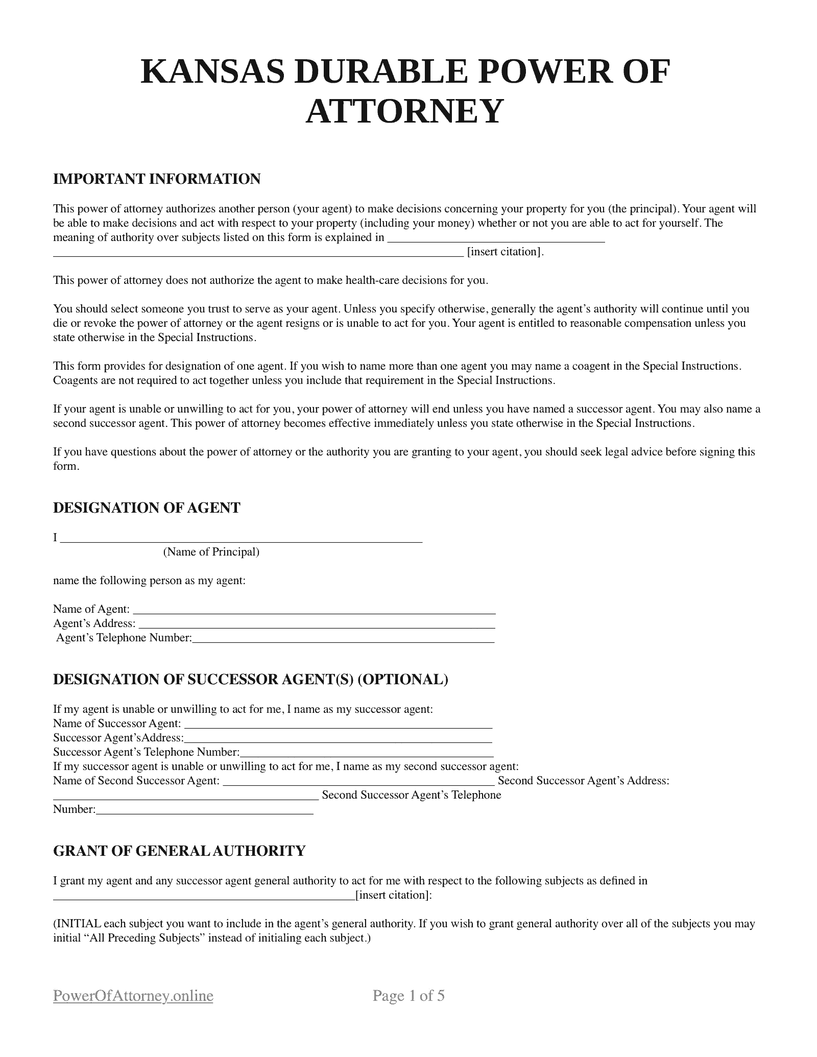 Free Kansas KS Power Of Attorney Forms U0026 Templates PDF