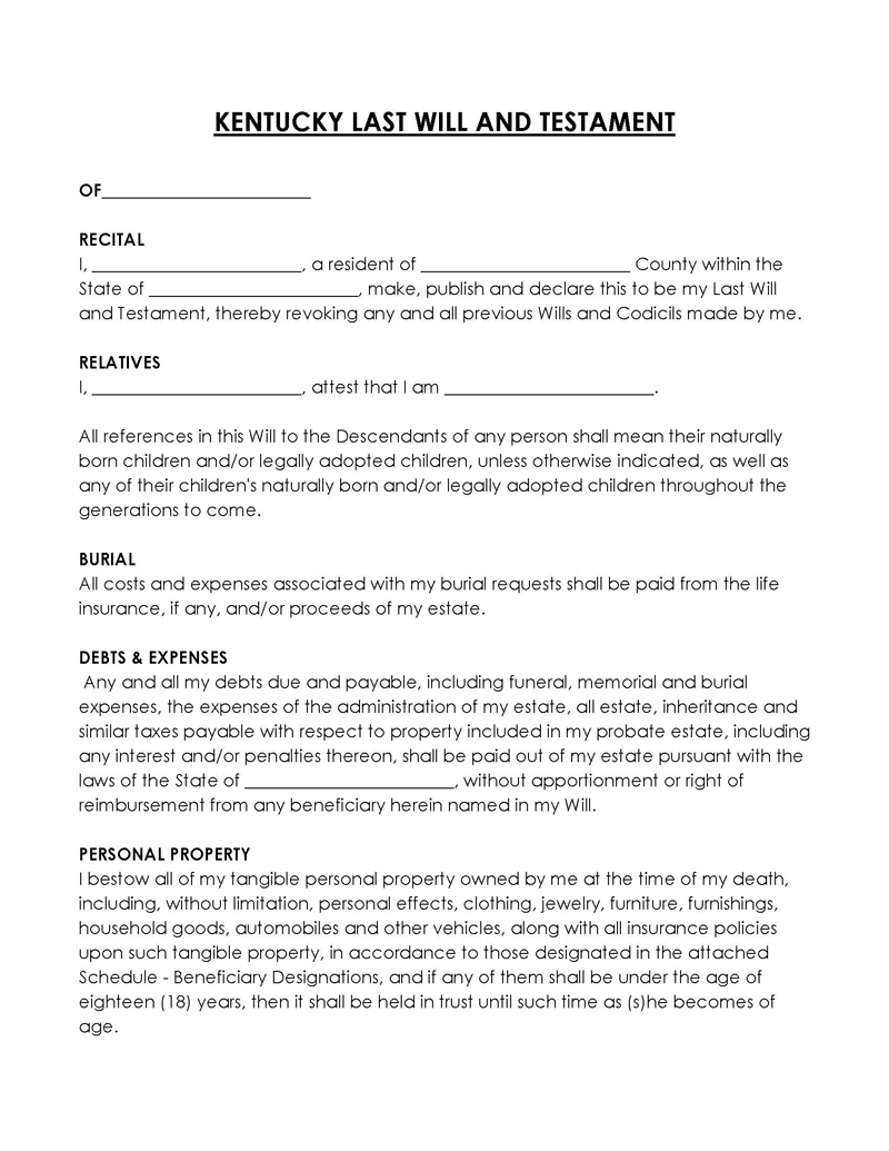 Free Kentucky Last Will And Testament Forms PDF Word 