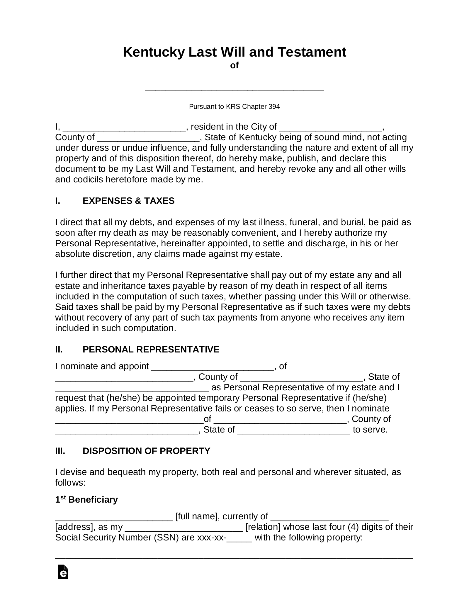 Free Kentucky Last Will And Testament Template PDF Word EForms
