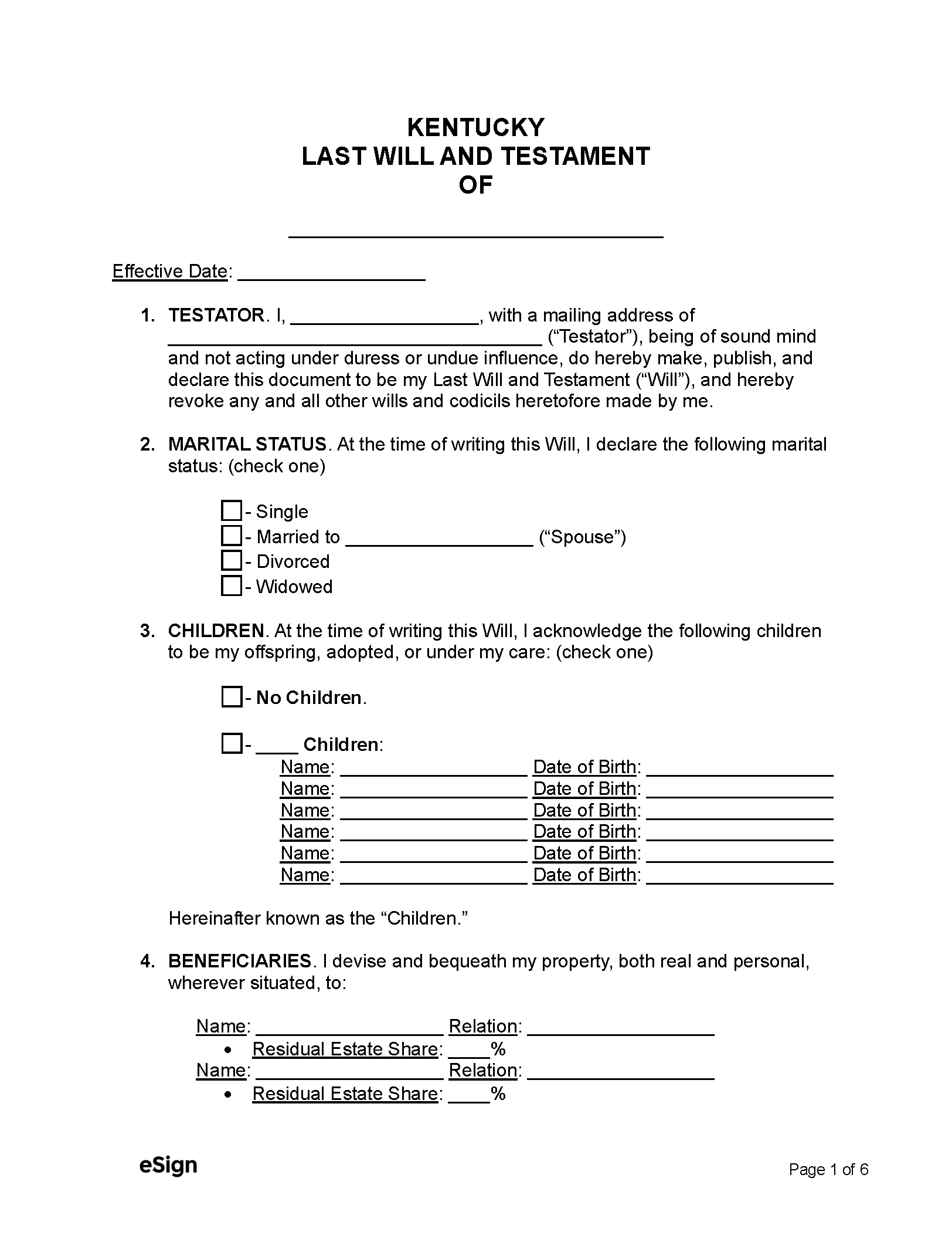 Free Kentucky Last Will And Testament Template PDF Word PDF Word