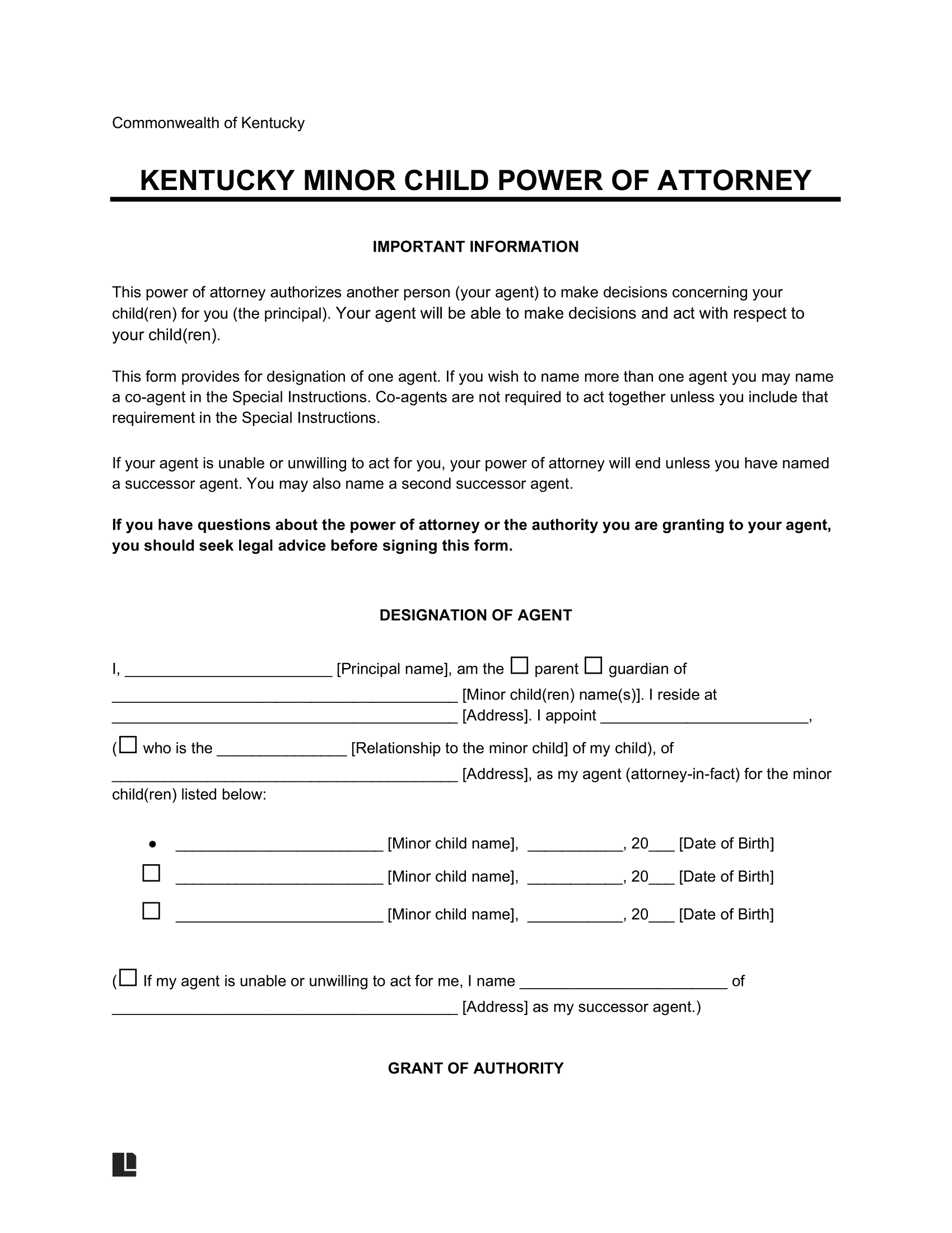 Free Kentucky Minor Child Power Of Attorney Form PDF Word