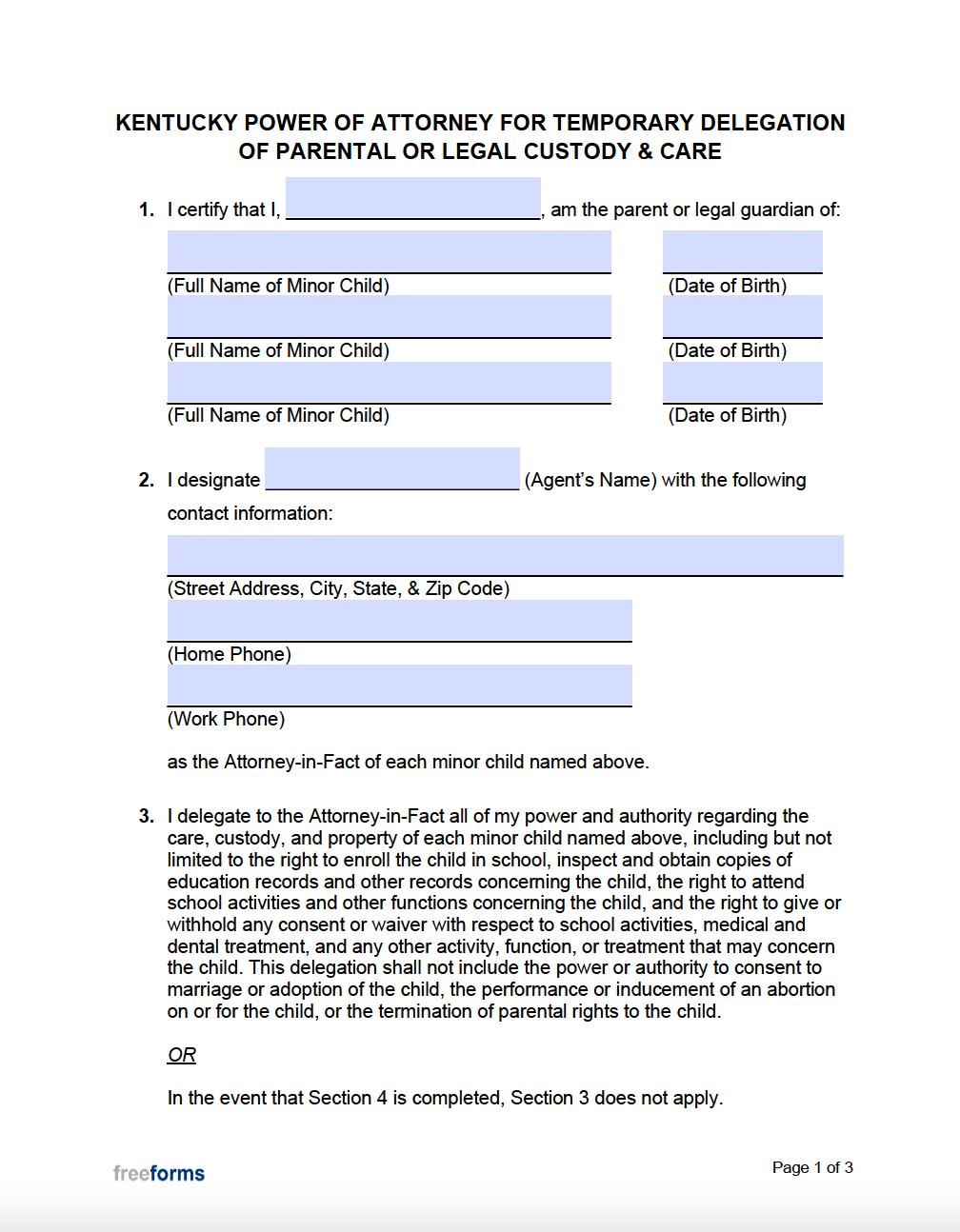 Free Kentucky Minor Child Power Of Attorney Form PDF Word
