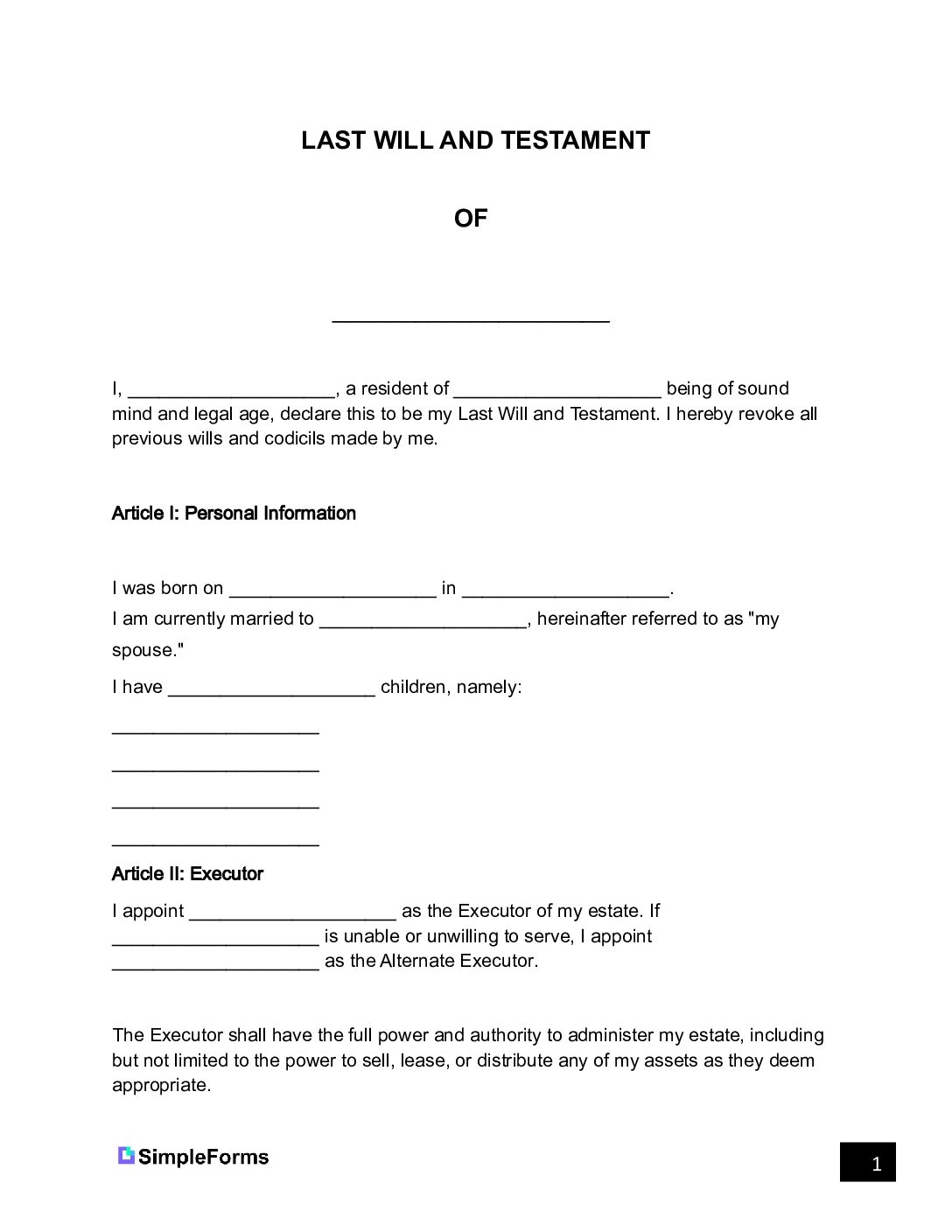 Free Printable Blank Will Forms Pdf