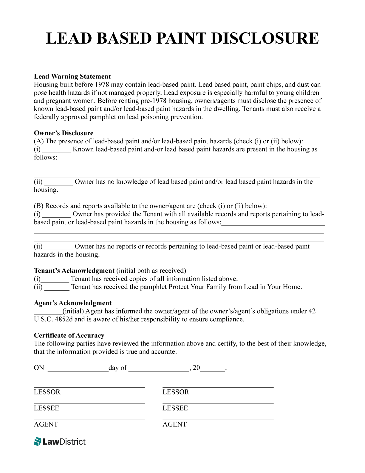 Free Printable Lead Paint Disclosure Form