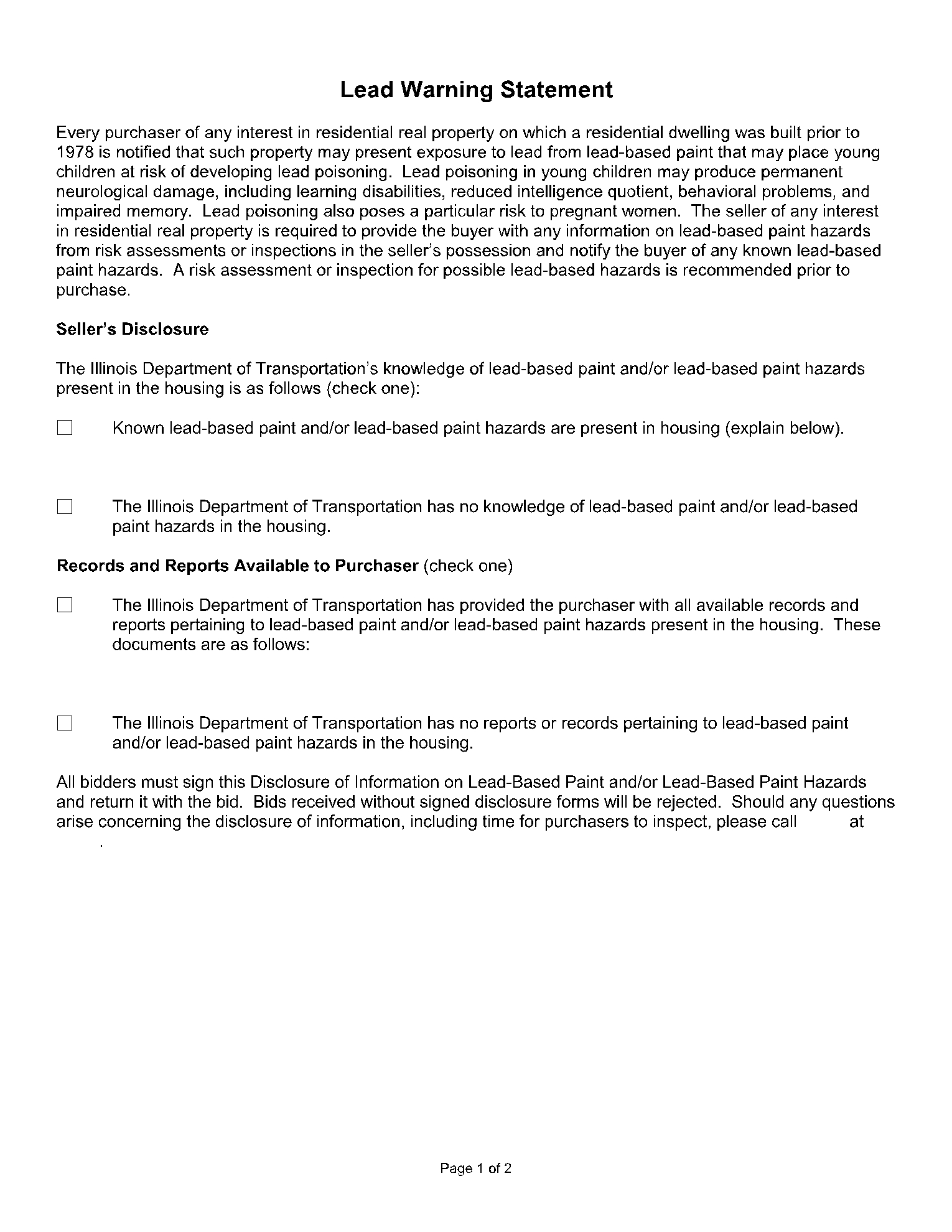 Free Lead Based Paint Disclosure Form PDF Sample 