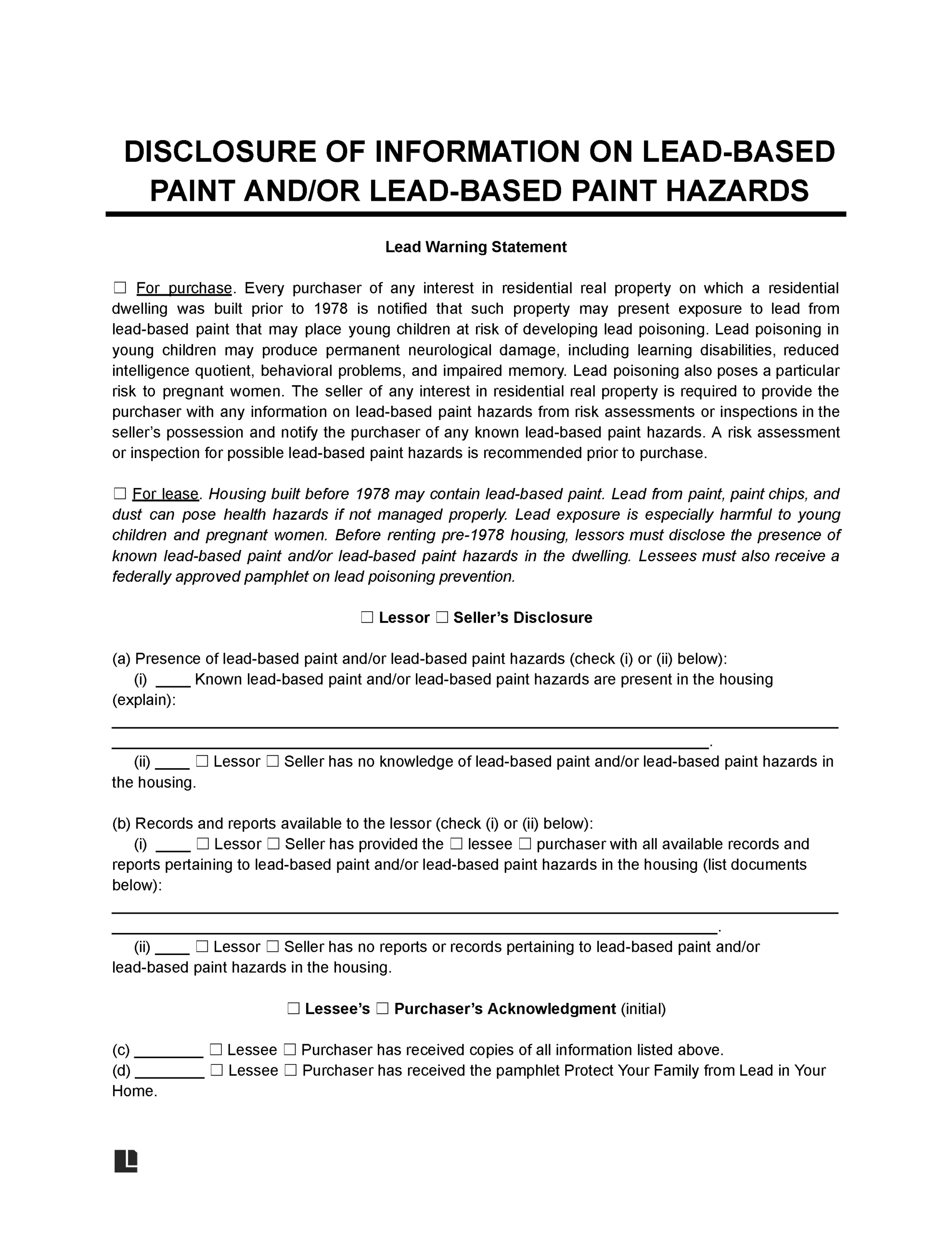 Free Lead Based Paint Disclosure Form PDF U0026 Word