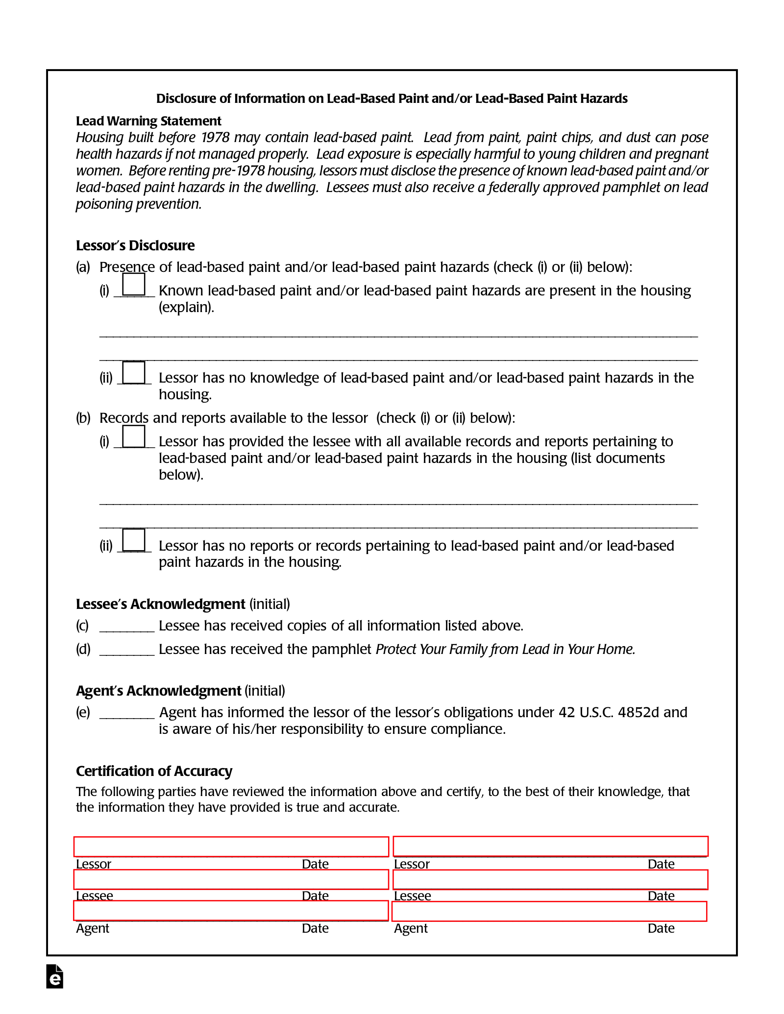 Free Lead Based Paint Disclosure Forms For Sellers U0026 Landlords PDF EForms