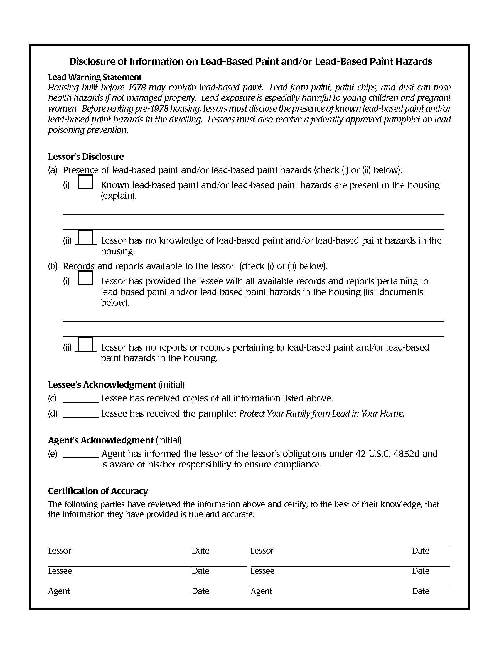 Free Lead Based Paint Disclosure Forms PDF