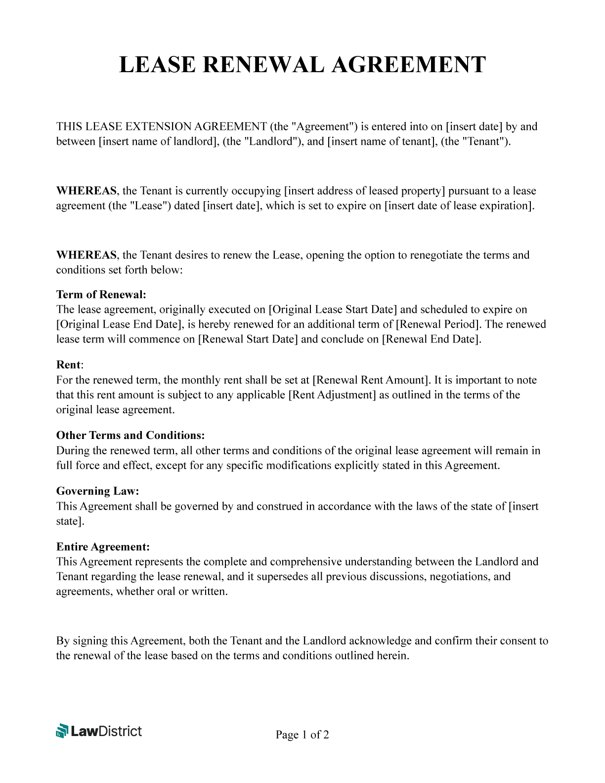 Free Lease Renewal Agreement PDF U0026 Word LawDistrict