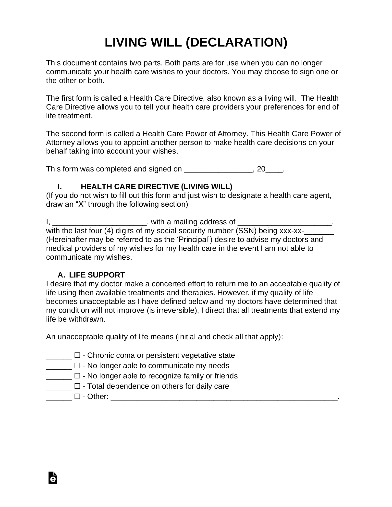 Free Printable Living Will Form For Sc