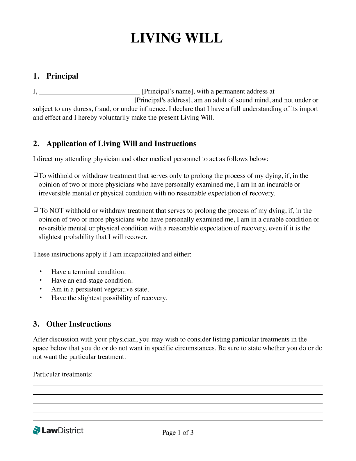 Free Living Will Template With Sample PDF U0026 Word LawDistrict