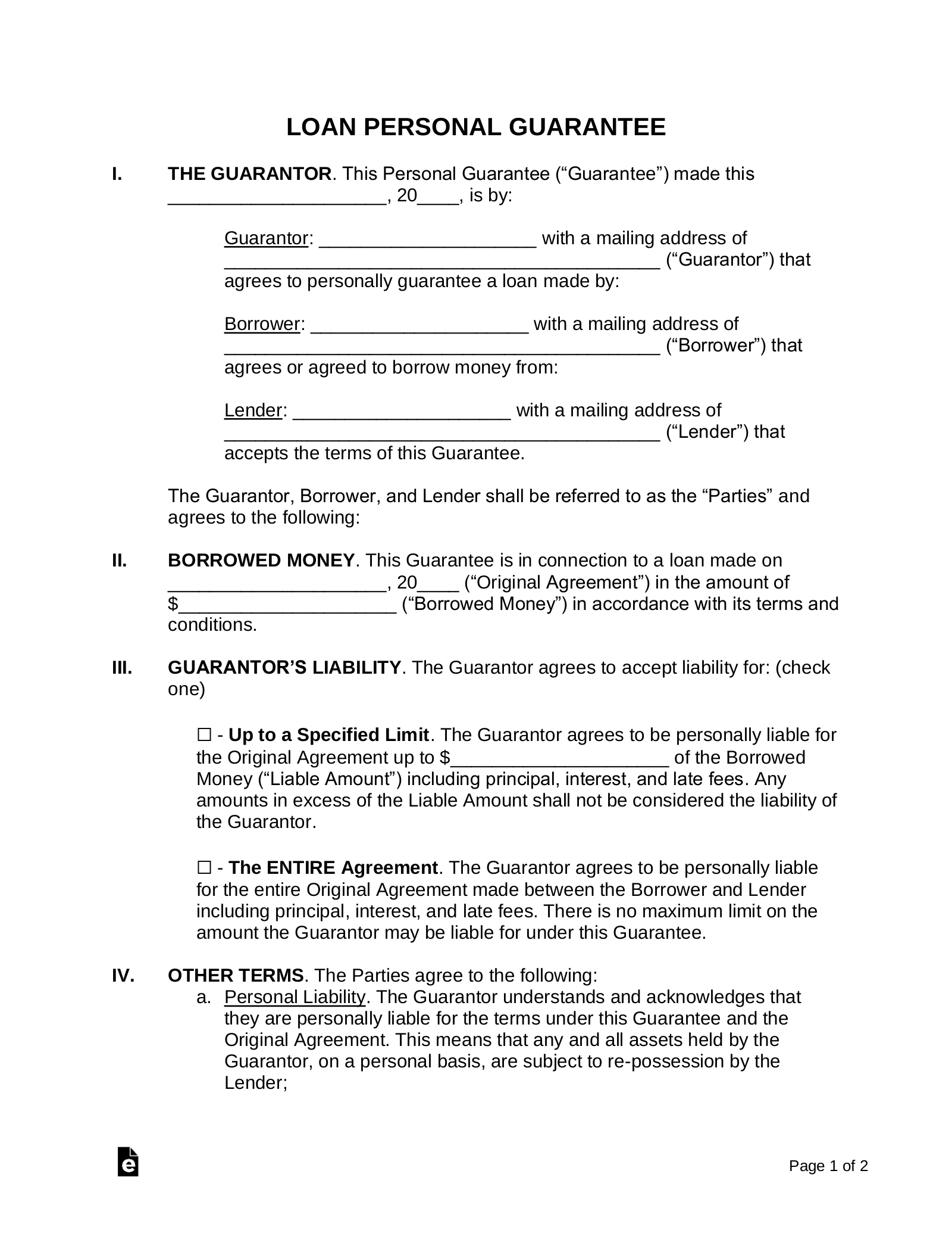 Free Loan Personal Guarantee Form Co Signer PDF Word EForms