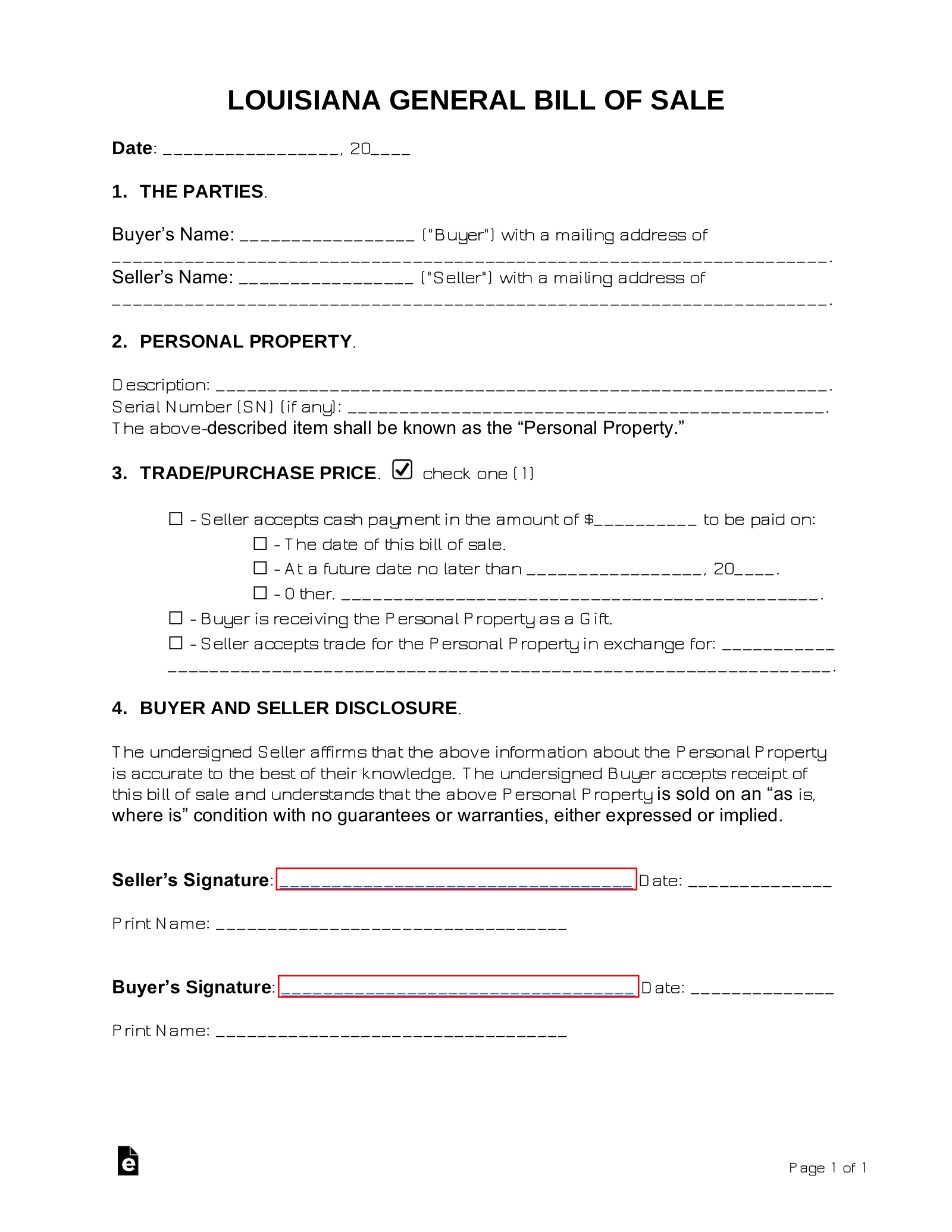 Free Printable Bill Of Sale Form Louisiana