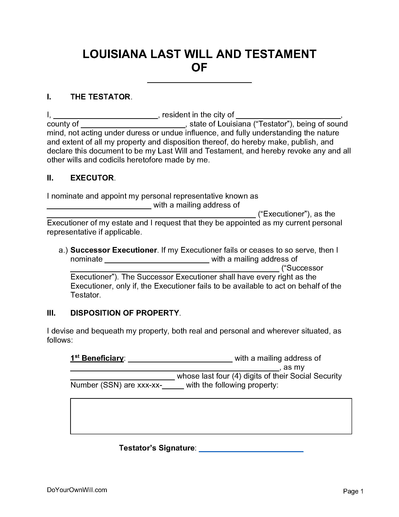 Free Louisiana Last Will And Testament Form PDF WORD ODT