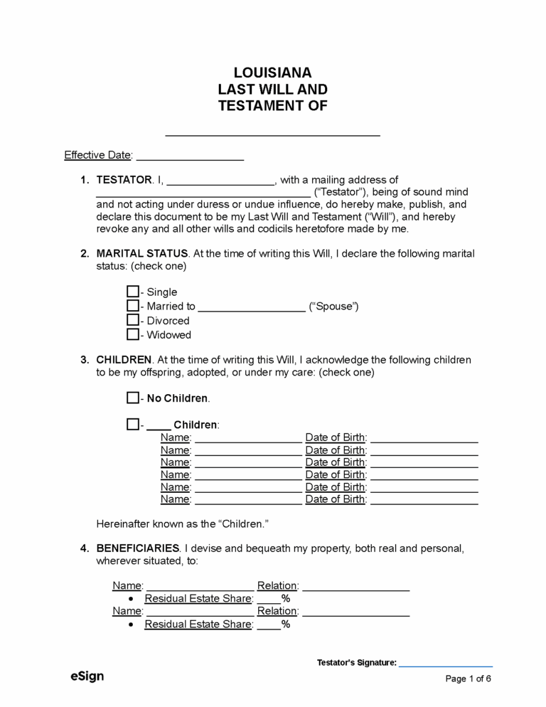 Free Louisiana Last Will And Testament PDF Word