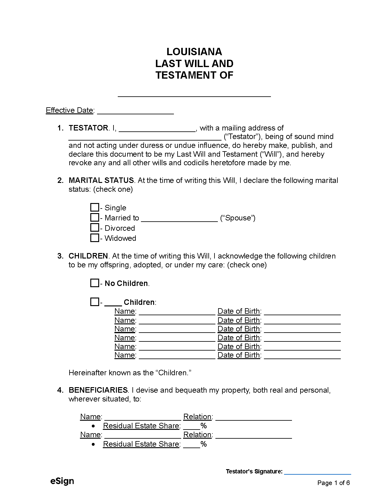 Free Louisiana Last Will And Testament PDF Word