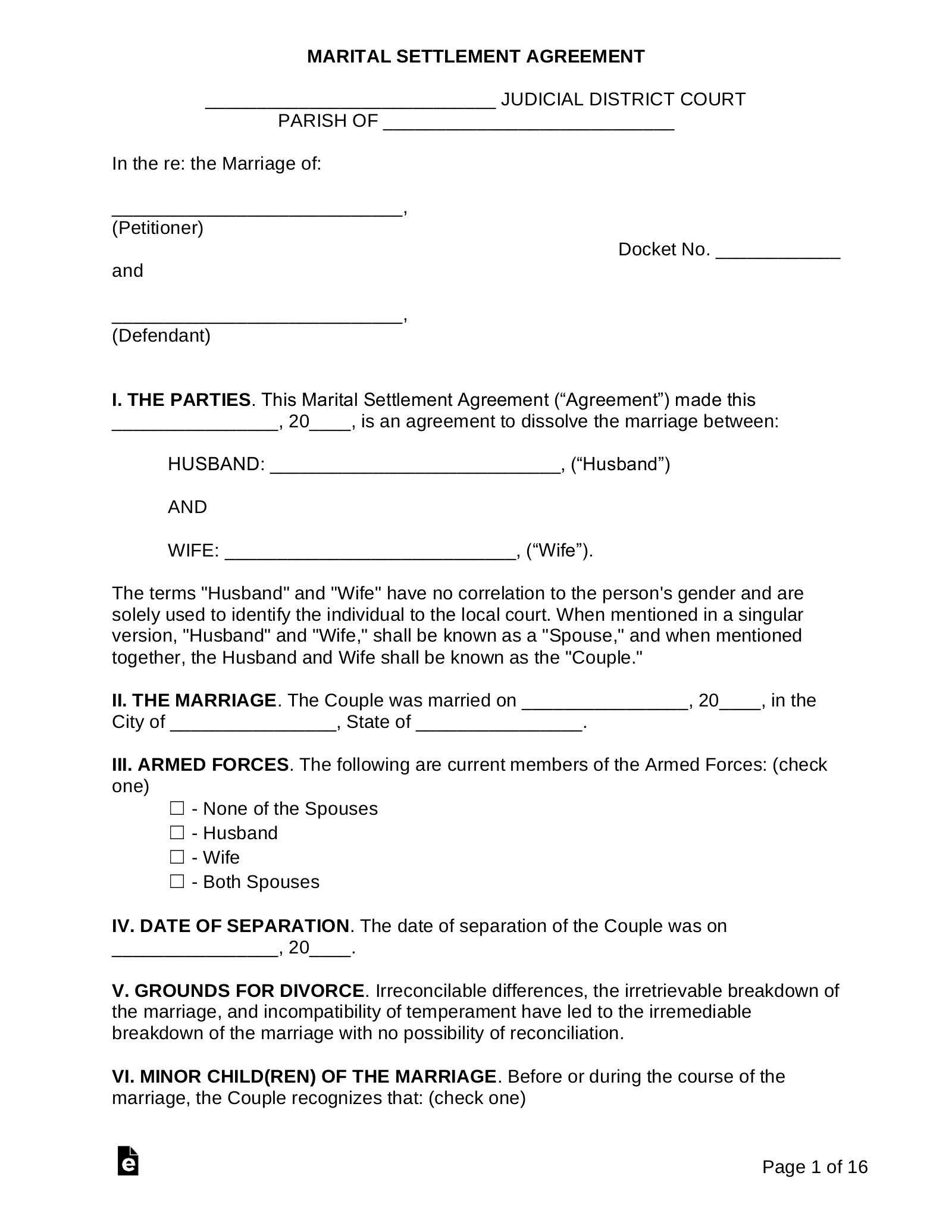 Free Louisiana Marital Settlement Divorce Agreement PDF Word EForms