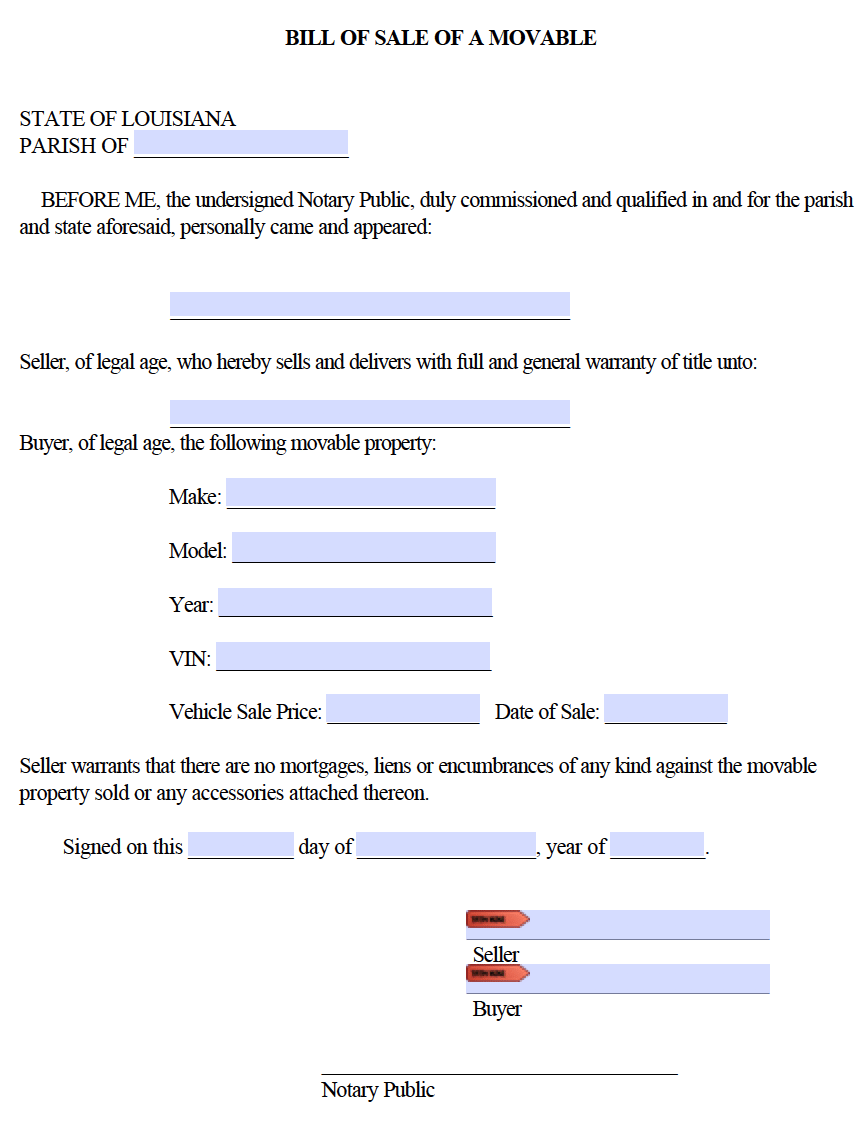 Free Louisiana Motor Vehicle DMV Bill Of Sale Form PDF