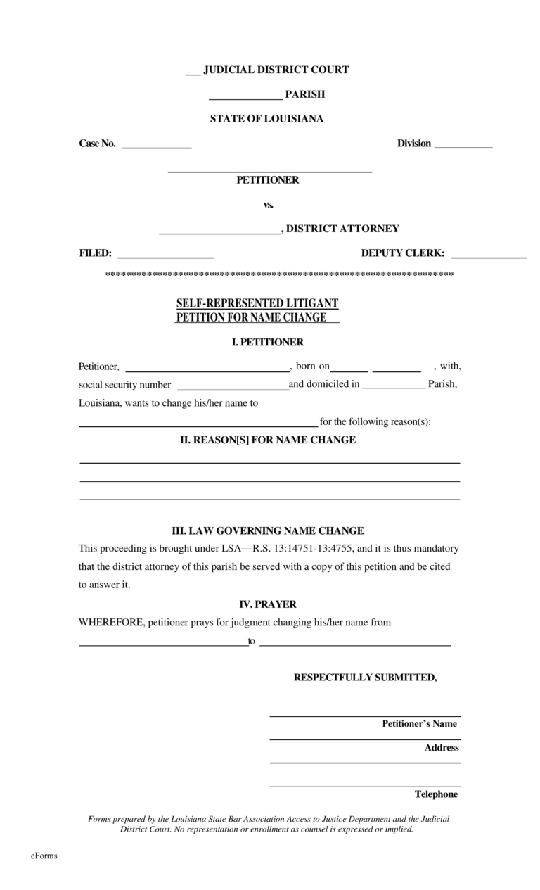 Free Louisiana Name Change Forms Petition PDF EForms
