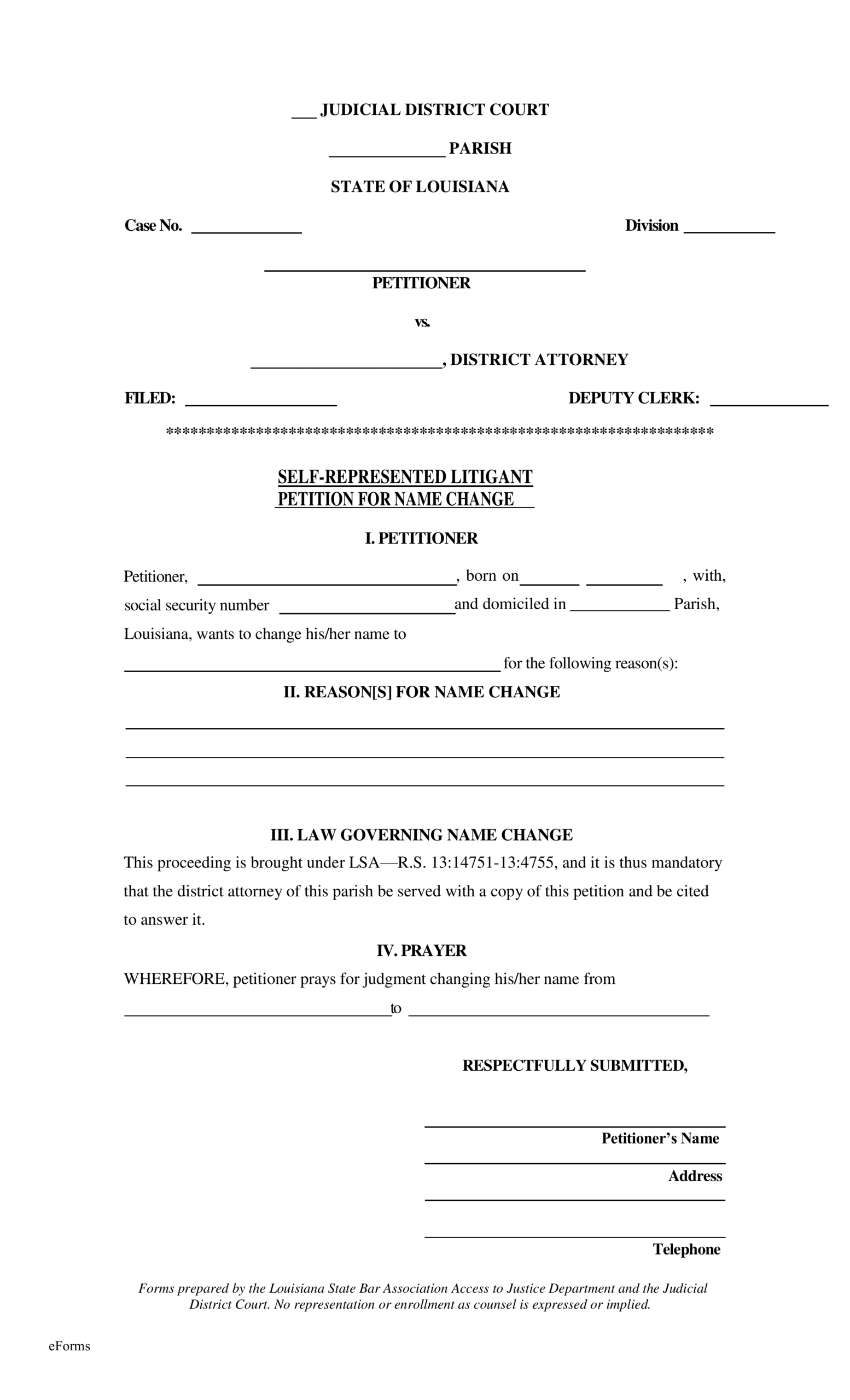 Free Louisiana Name Change Forms Petition PDF EForms