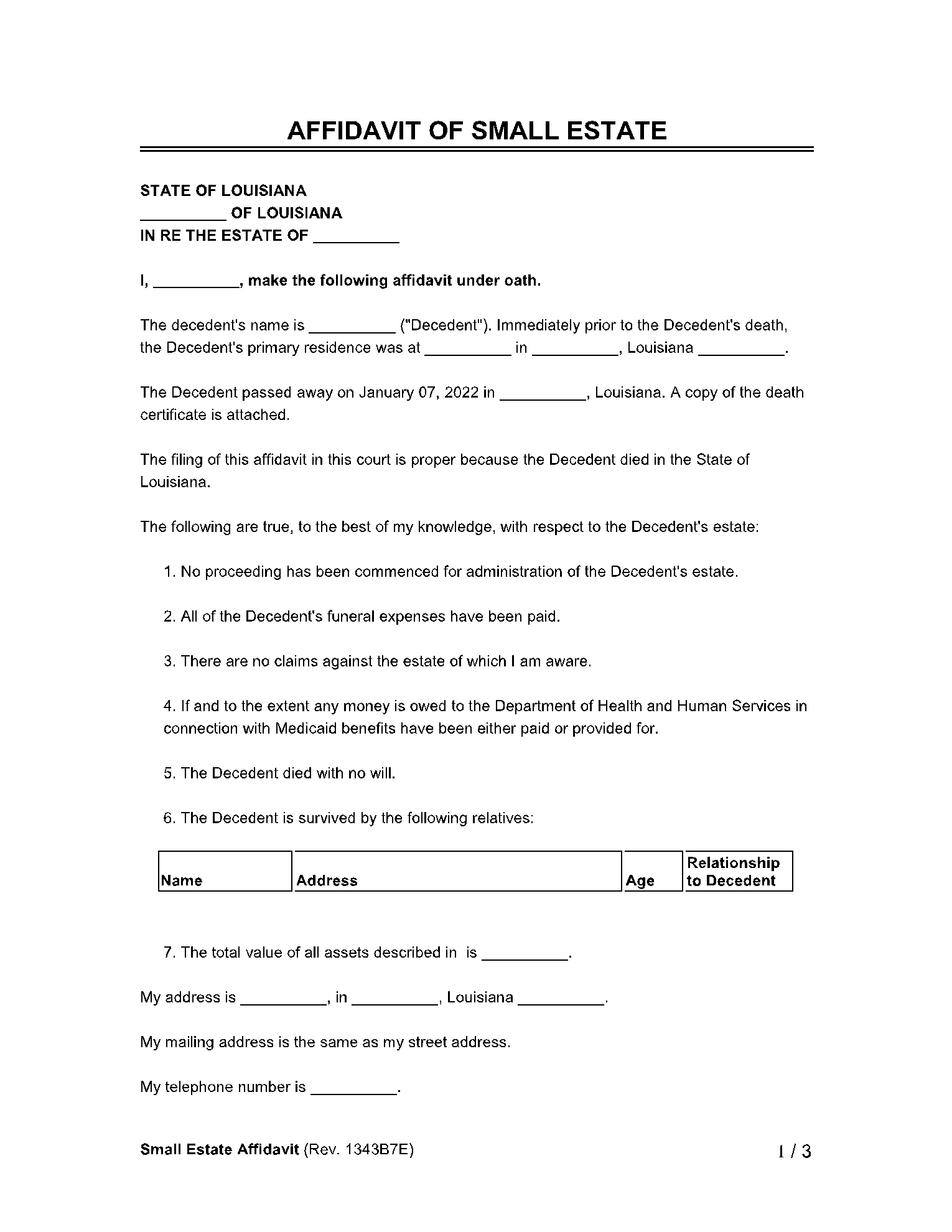 Free Printable Will Form Louisiana