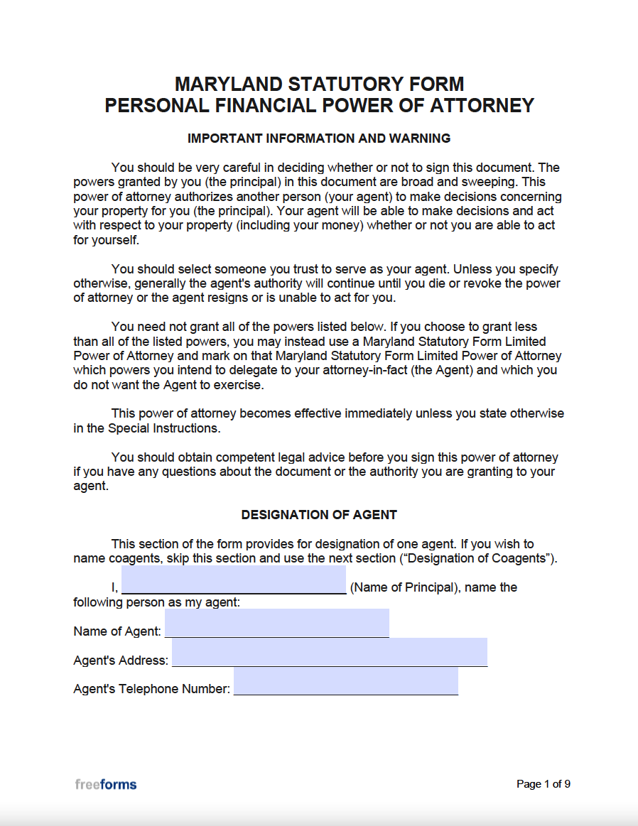 Free Maryland Durable Financial Power Of Attorney Form PDF Word