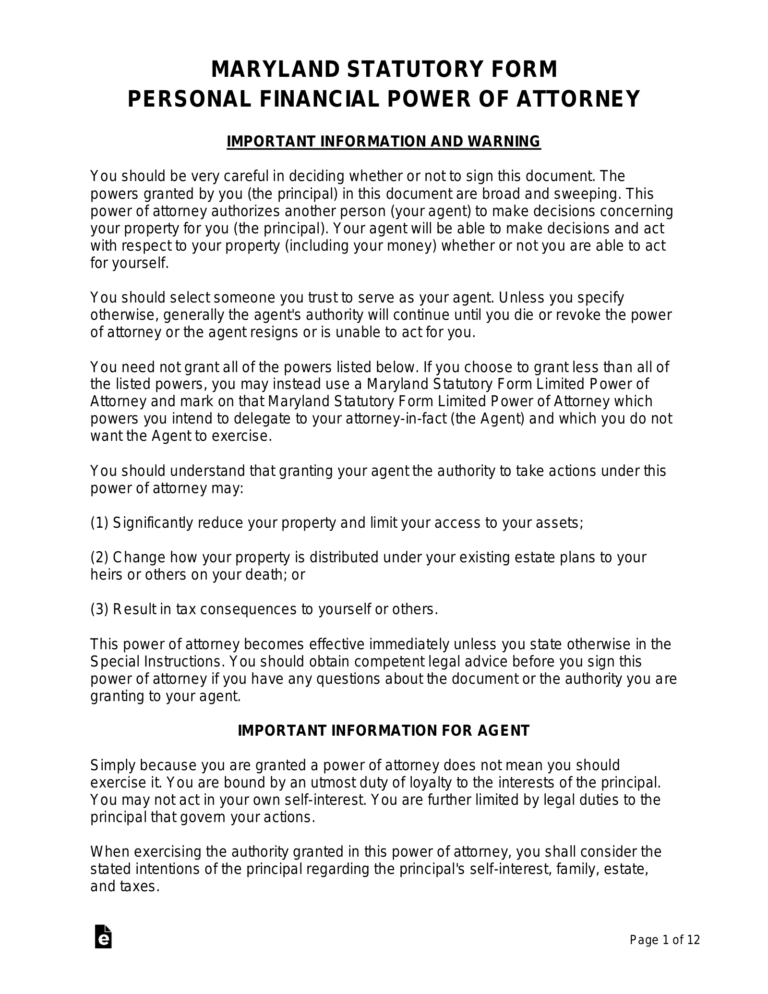 Free Maryland Durable Statutory Power Of Attorney Form PDF Word EForms