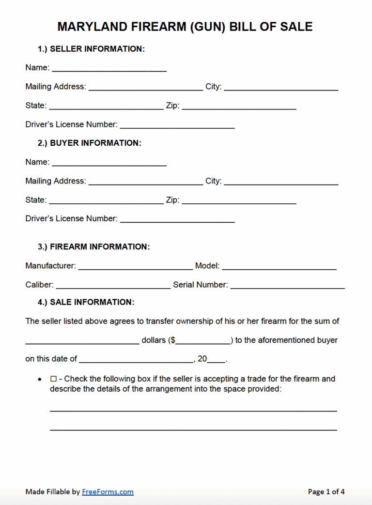 Free Maryland Firearm Gun Bill Of Sale Form PDF Word