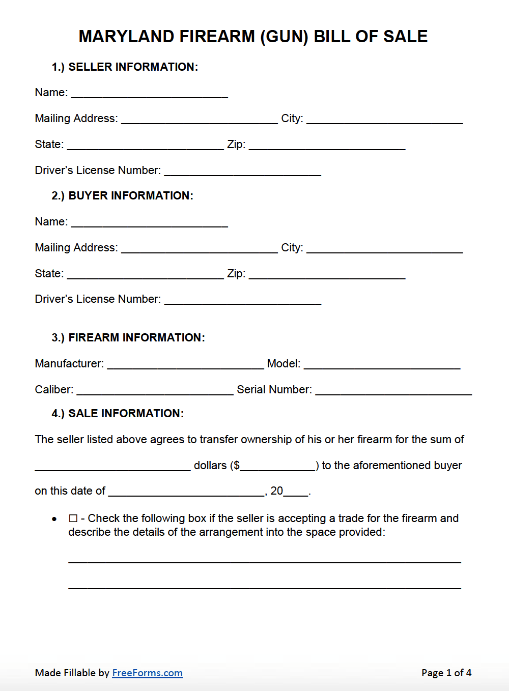 Free Maryland Firearm Gun Bill Of Sale Form PDF Word