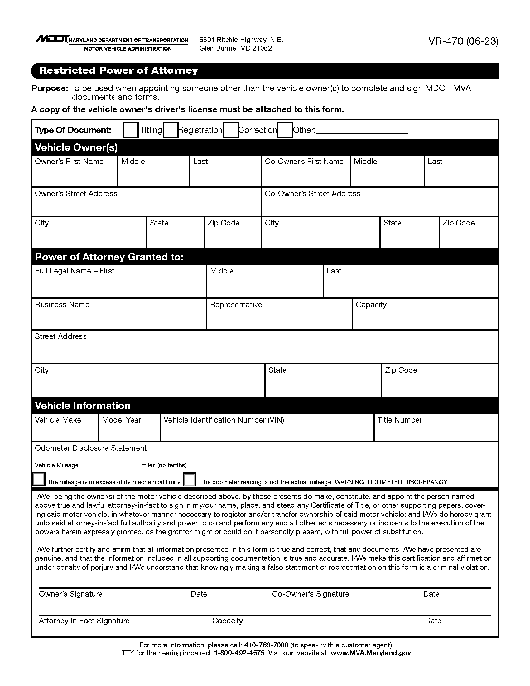 Free Maryland Motor Vehicle Power Of Attorney Form VR 470 PDF