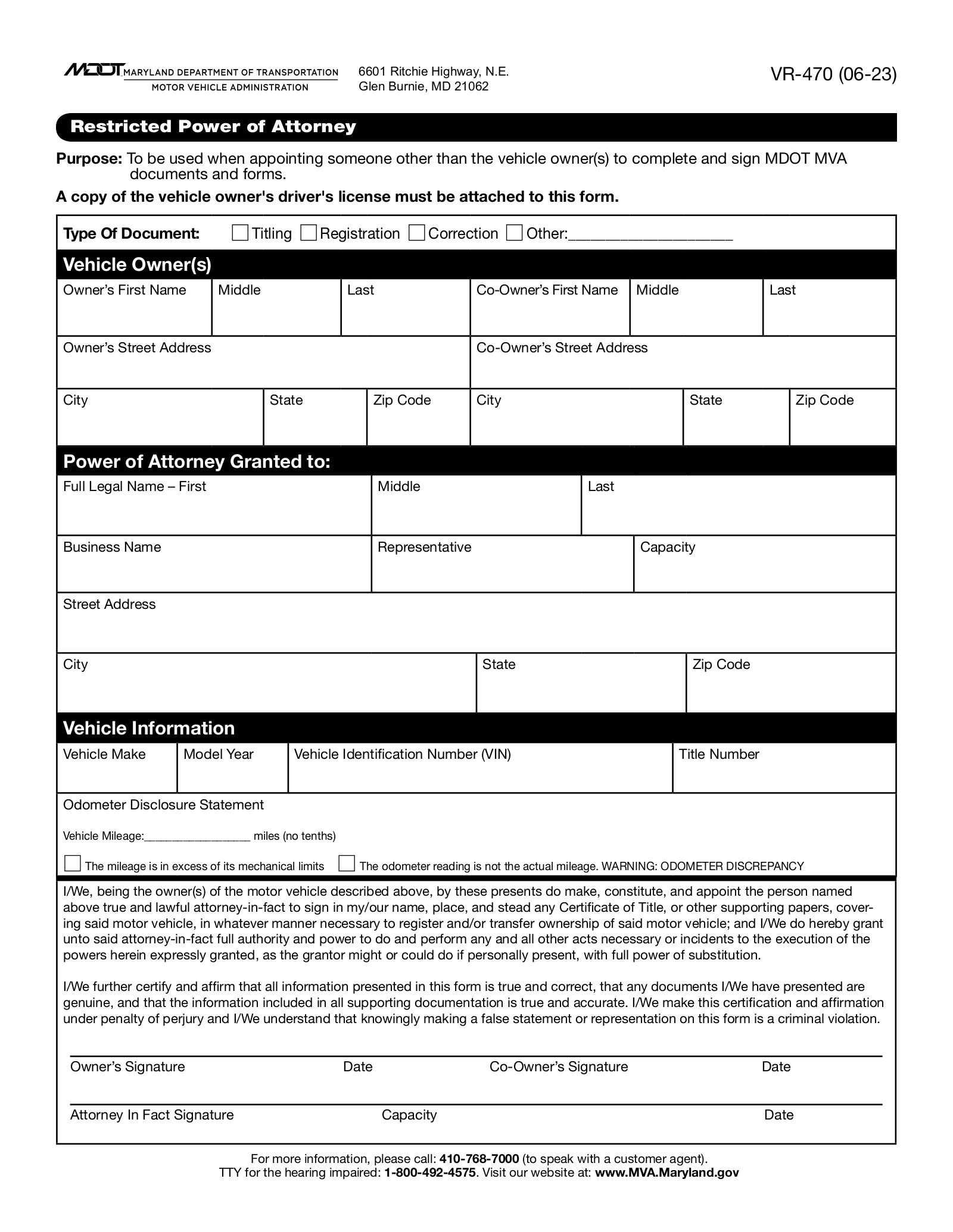 Free Maryland Vehicle Power Of Attorney Form VR 470 PDF EForms