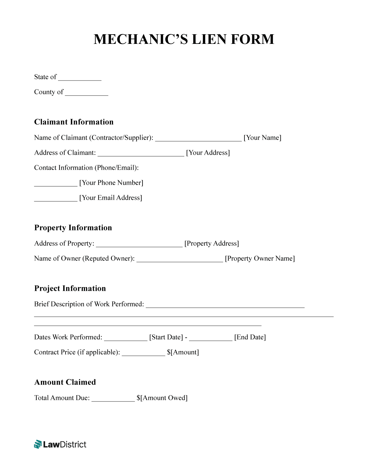 Free Mechanic s Lien Form PDF U0026 Word Template LawDistrict