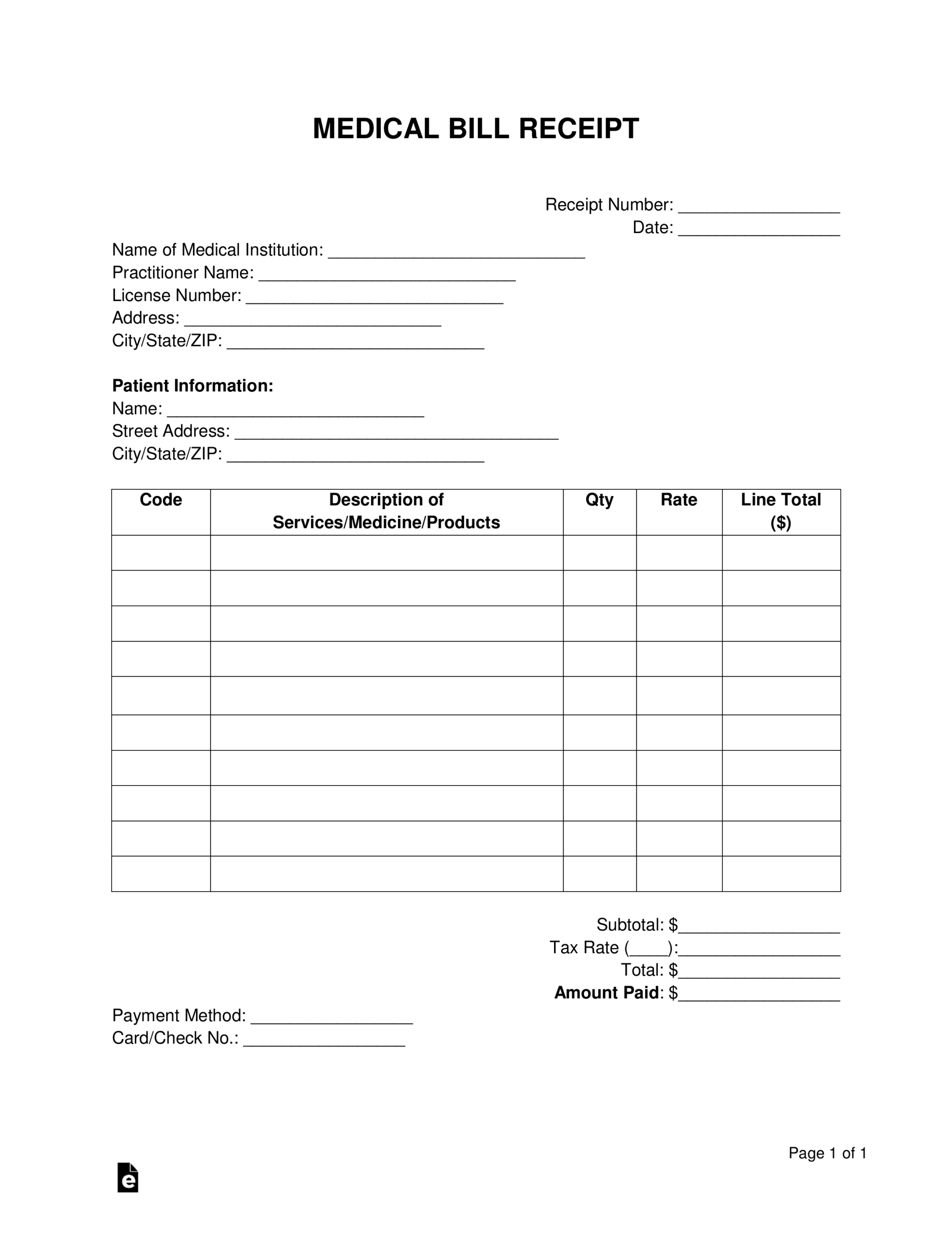 Free Medical Bill Receipt Template PDF Word EForms