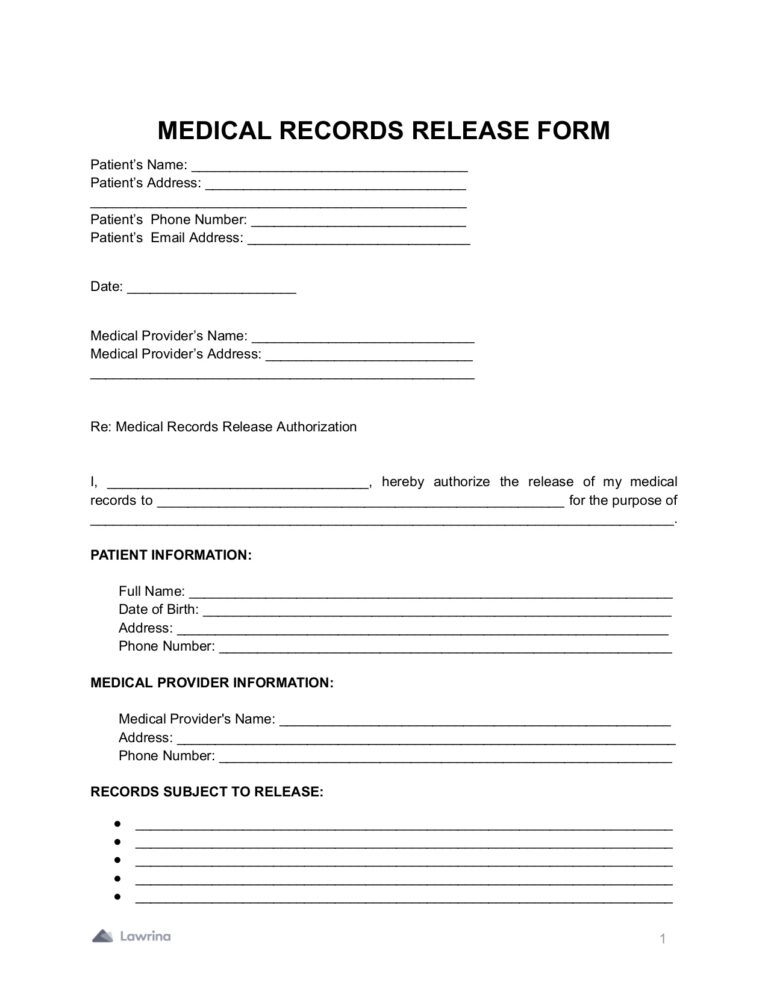 Free Medical Records Release Form PDF Lawrina