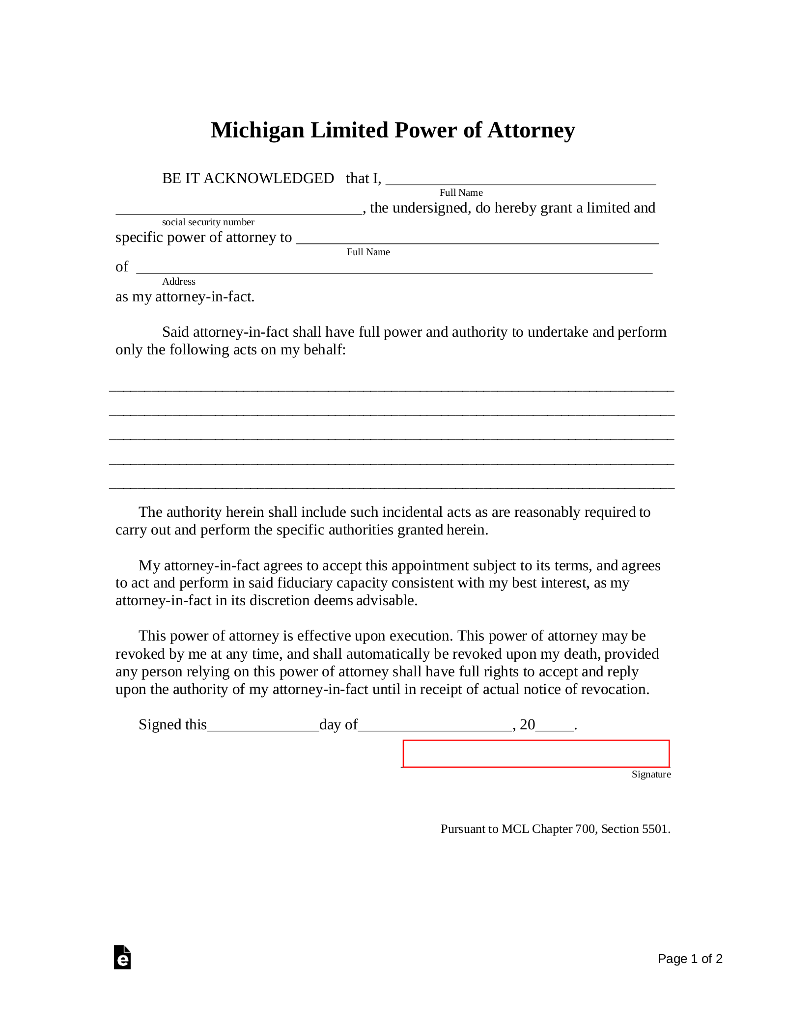 Free Michigan Limited Power Of Attorney Form PDF Word EForms