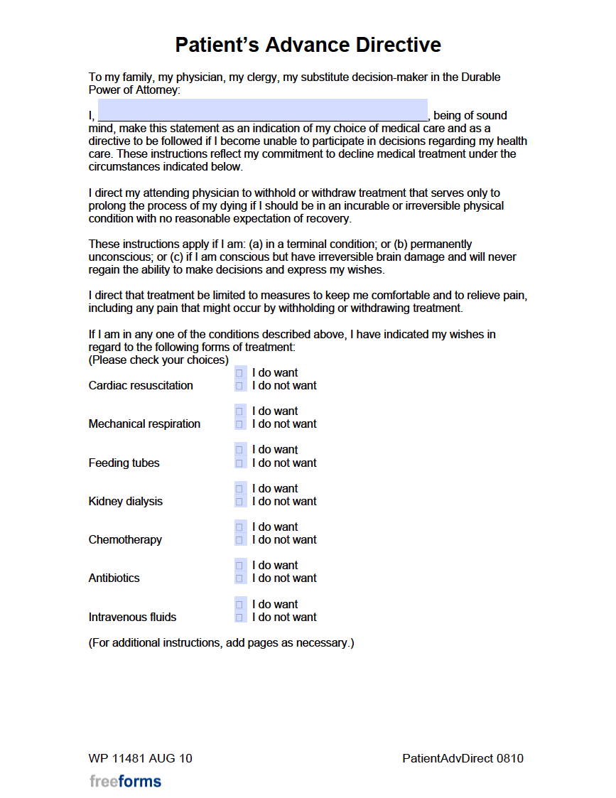 Free Michigan Living Will Form PDF