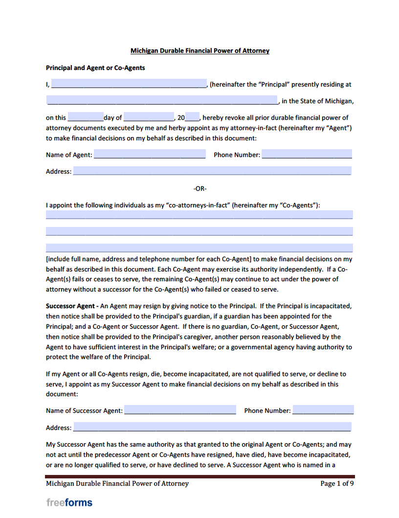 Free Michigan Power Of Attorney Forms PDF