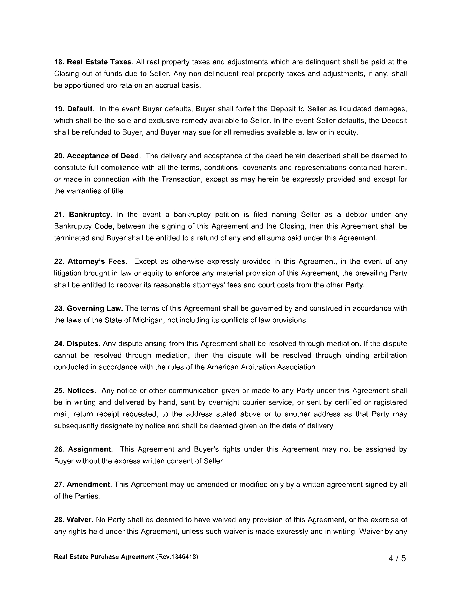 Free Michigan Land Contract Form Printable