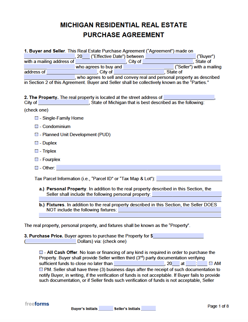Free Michigan Real Estate Purchase Agreement Template PDF Word
