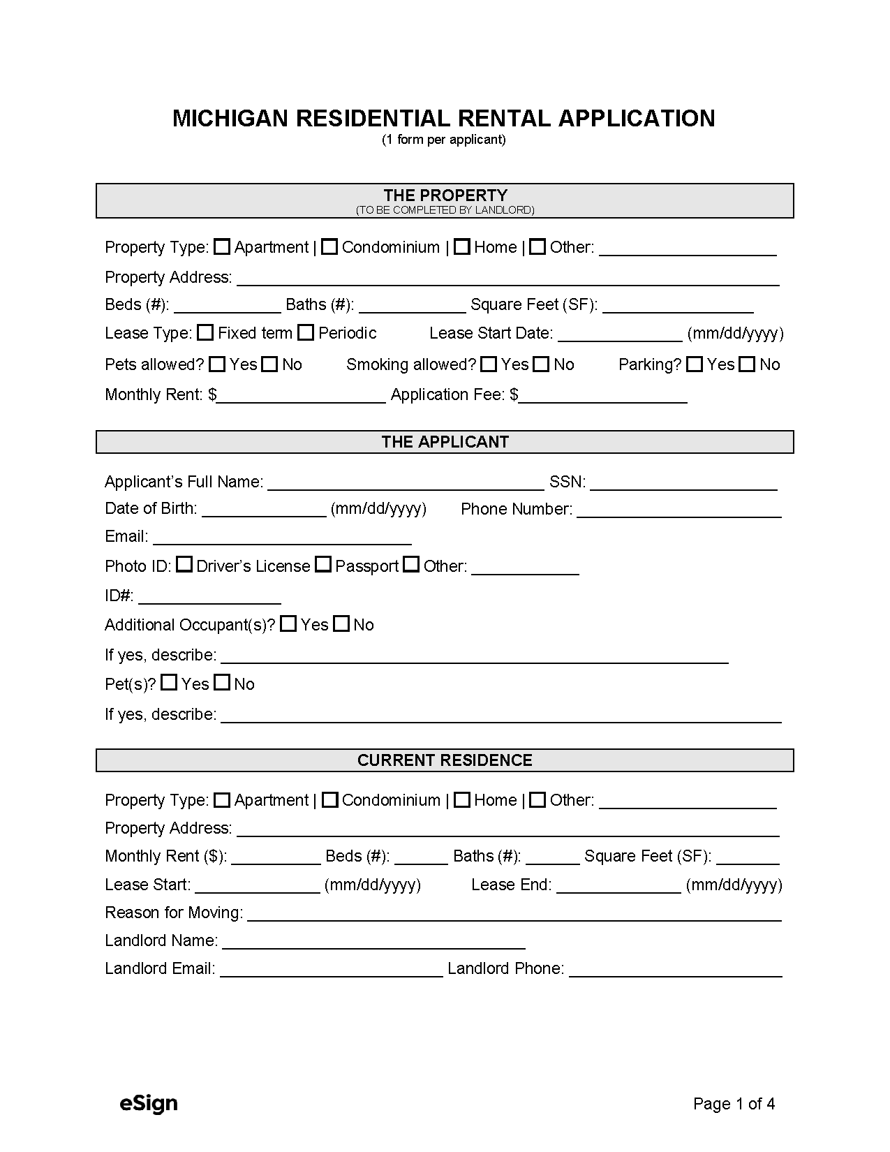 Free Michigan Rental Application Form PDF Word