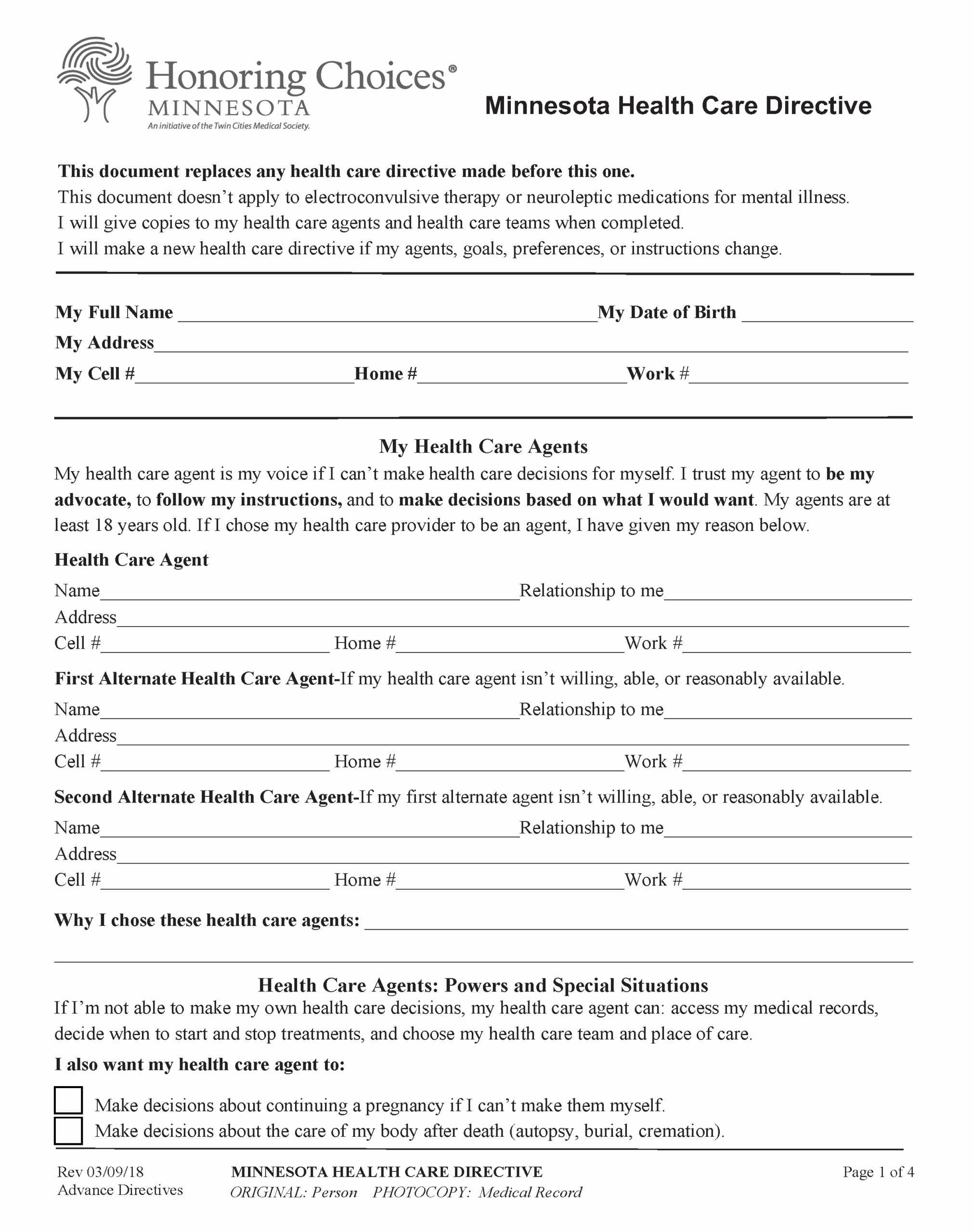 Free Minnesota Advance Directive Form Medical POA Living Will PDF