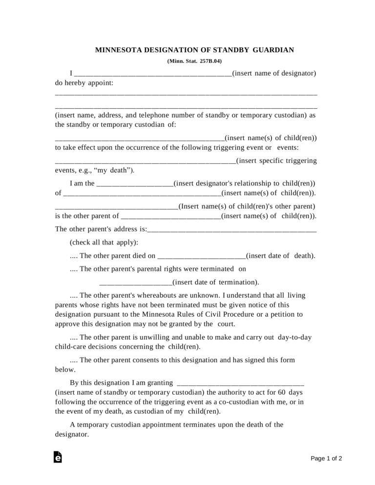Free Minnesota Guardian Of Minor Child Power Of Attorney Form PDF Word EForms