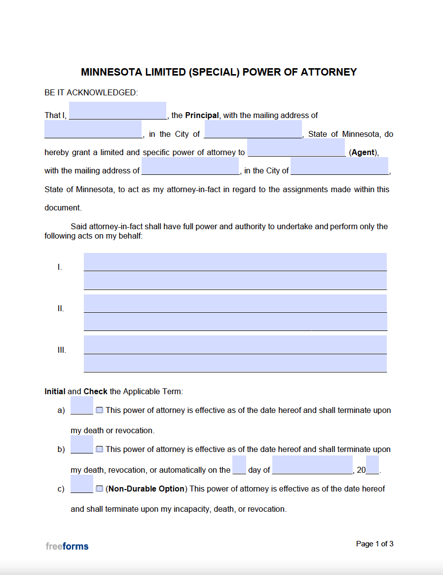 Free Minnesota Limited Special Power Of Attorney Form PDF Word